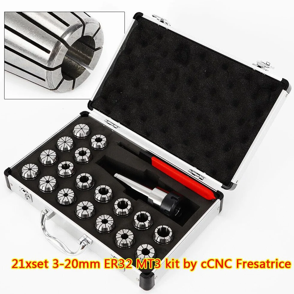 Set di 21 pinze con contenitore MK3, fusto ER32 MT3, per incisione e fresatura di utensili rotanti