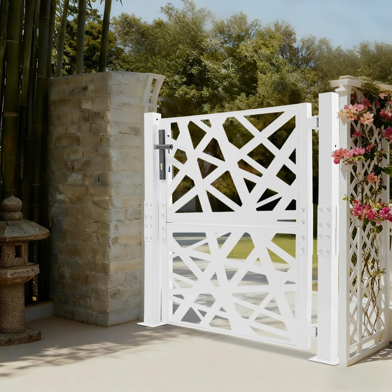 Cancello da giardino in metallo, porta da giardino in acciaio, chiudibile a chiave, cancello del cortile e cancello d'ingresso per giardino, terrazza e vialetto con design a motivo geometrico forato