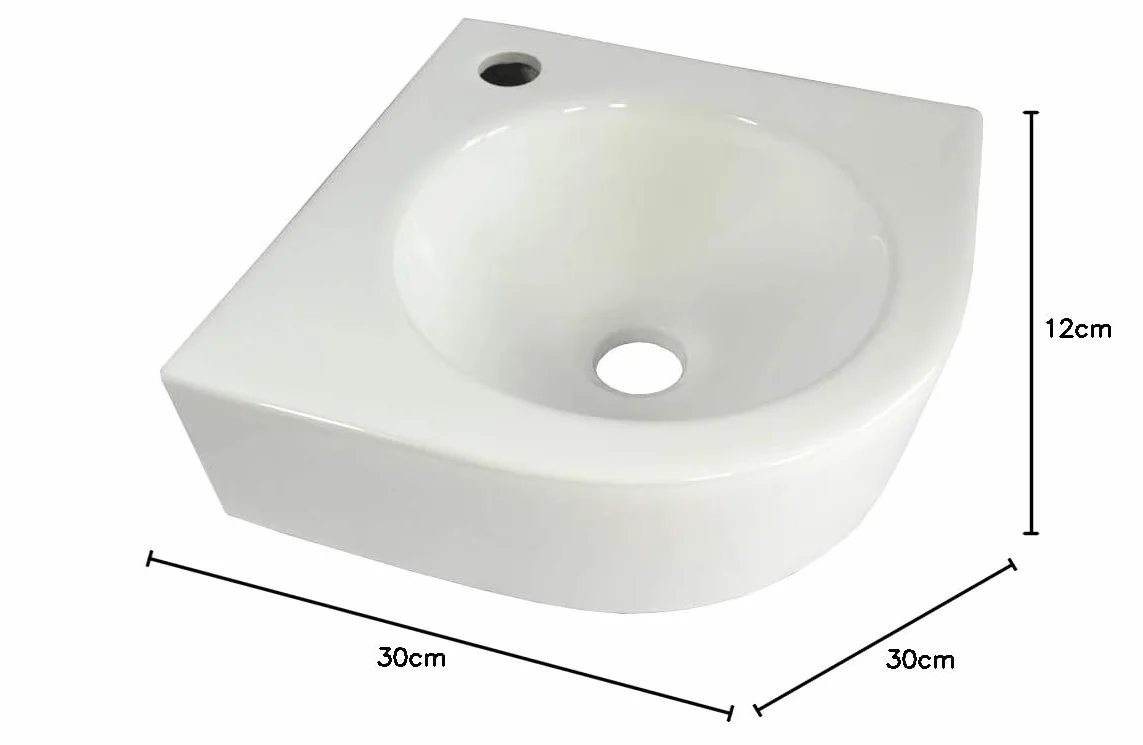 WP030 - Lavabo angolare in ceramica, bianco, montaggio a parete, ovale, semicircolare, circa 30 cm