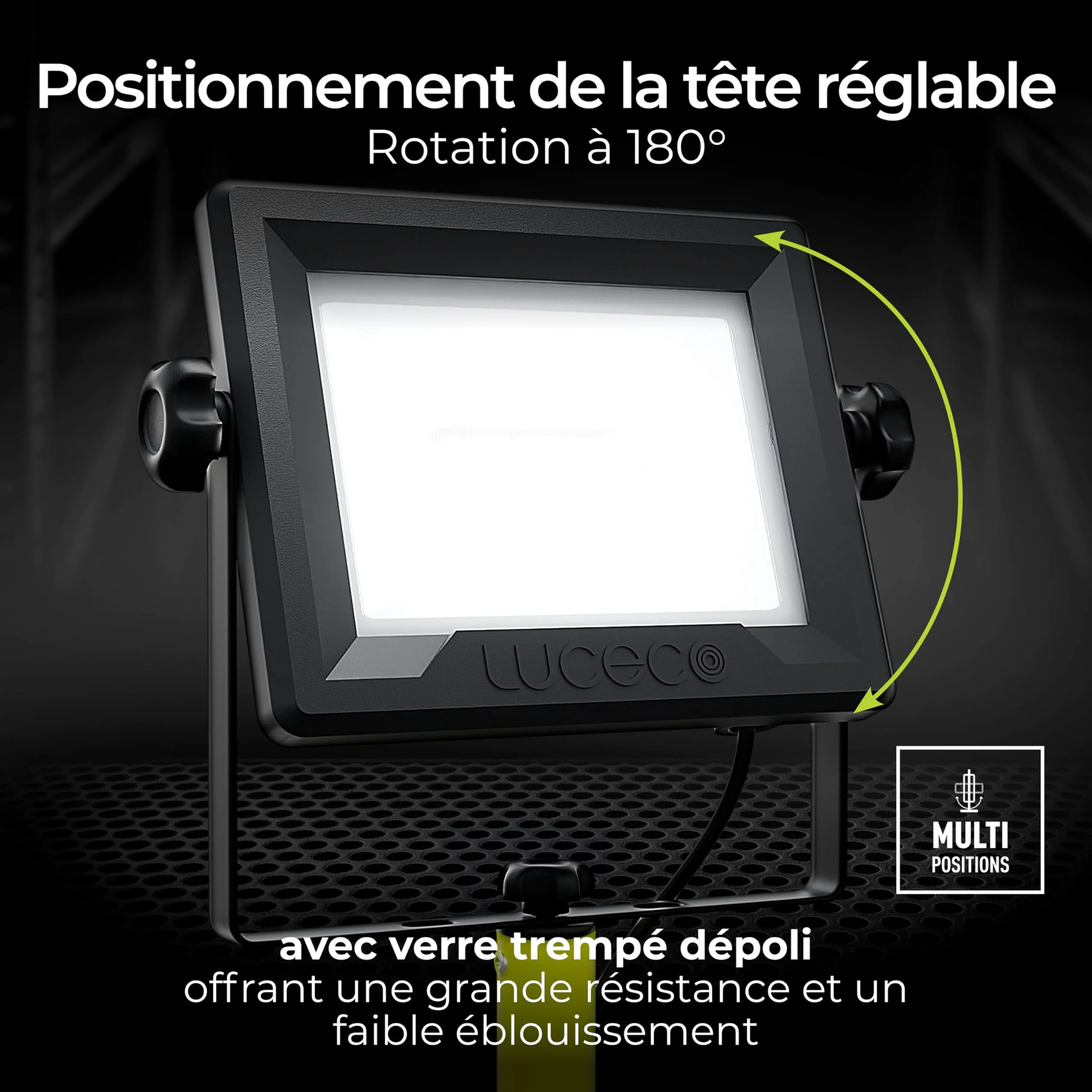 Luceco Treppiede LED a Testa Singola, Sottile, Regolabile, Multiposizione, Pieghevole, Cavo da 2,5 m, Resistente alle Intemperie, Nero/Verde, IP65, 50W, 4000lm, 5000K, EFLDTS50B50