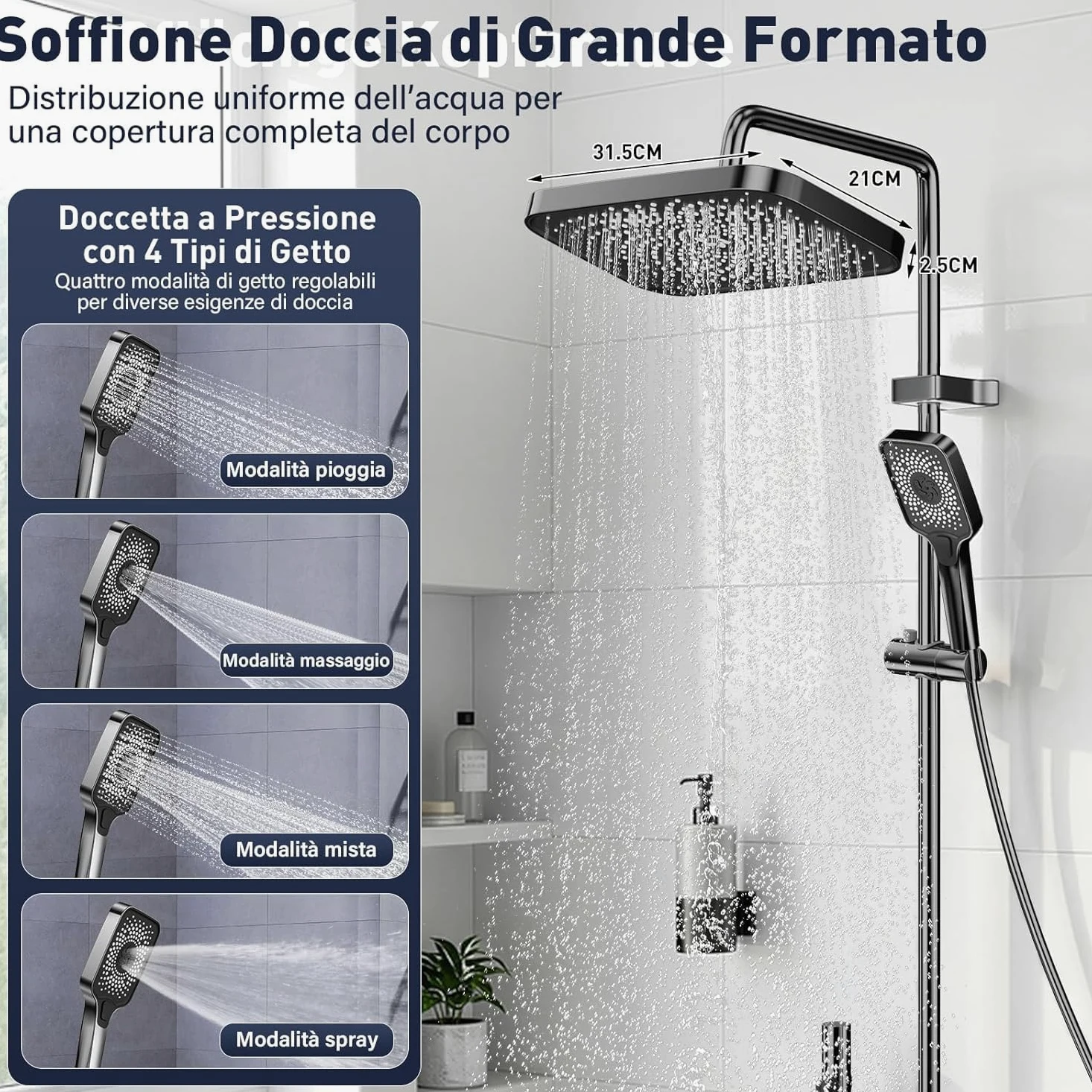 Colonna Doccia con Miscelatore, Set Doccia Soffione e Doccetta a Man, Pannello Comando Piano 4 Funzioni, Asta Saliscendi Altezza Regolabile, Corpo in Ottone Massiccio e Vetro Temperato-Grigio