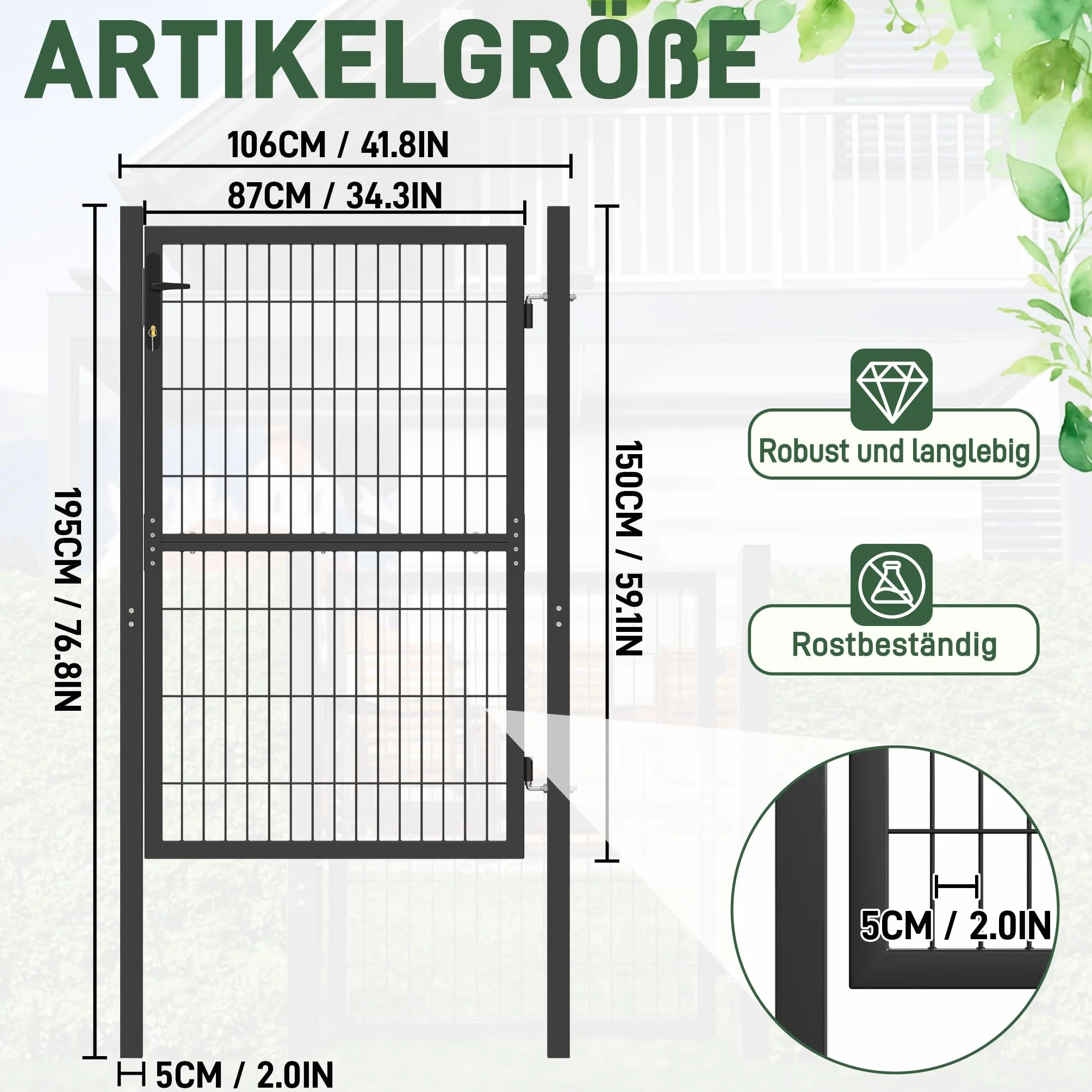 Froadp 150 x 100 cm, cancello da giardino zincato singolo, cancello a battente da giardino con serratura di alta qualità, maniglia e chiavi, recinzione da giardino per porta d'ingresso e magazzini,