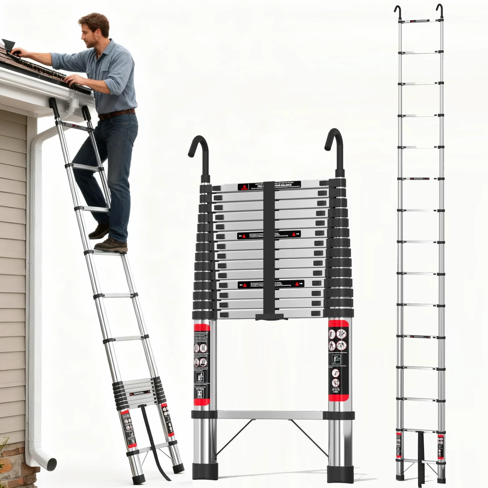 Scala Telescopica 5 Metri con Gancio, Scala Pieghevole Portatile con Piedini Antiscivolo, Estensibile & Altezza Regolabili, Scale Allungabile per Casa, Giardino, Coperture e Camper
