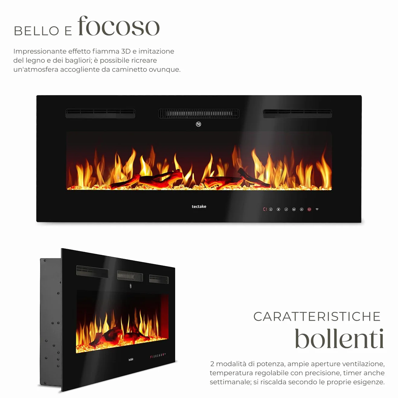 tectake® Caminetto elettrico da parete, Camino Elettrico 106,5x43x12 cm, 2 livelli di riscaldamento 900 W e 1800 W, 6 colori per effetto fuoco finto LED 3D, controllo app e WiFi e telecomando, Stufa