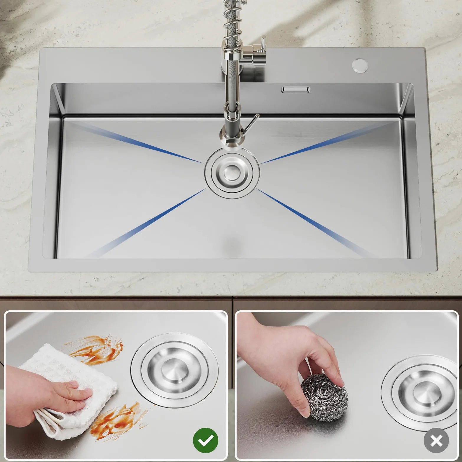 CECIPA Lavello Cucina 1 Vasca 75x45 cm, Lavandino Cucina con Tenda a Rullo Scarico, Lavello in Acciaio Inox 304 per Mobile di lunghezza 80cm con Sifone e Scarico