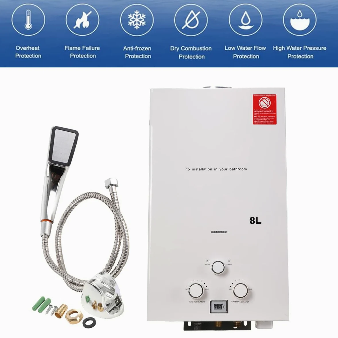8L 16KW GPL Scaldabagno a Gas, Gas a Parete senza serbatoio Scaldabagno istantaneo,con kit doccia e Display a LED,con Modalità Inverno ed Estate,Per Casa, Camper ed Esterni,bianco