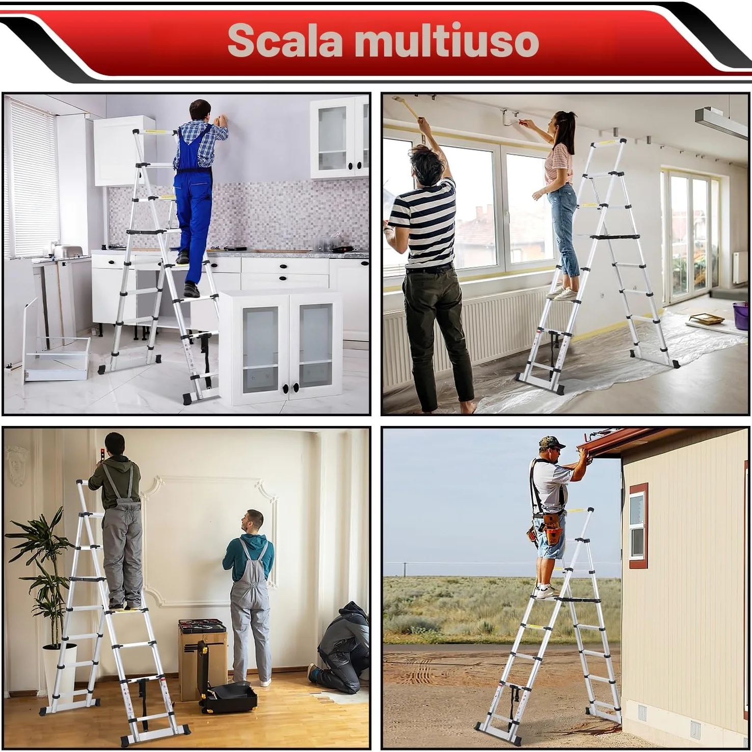 Lospitch - Scala telescopica pieghevole, 2 + 2,3 m, in alluminio, antiscivolo, multiuso, allungabile, telaio ad A, 6+7 pioli, portata 150 kg