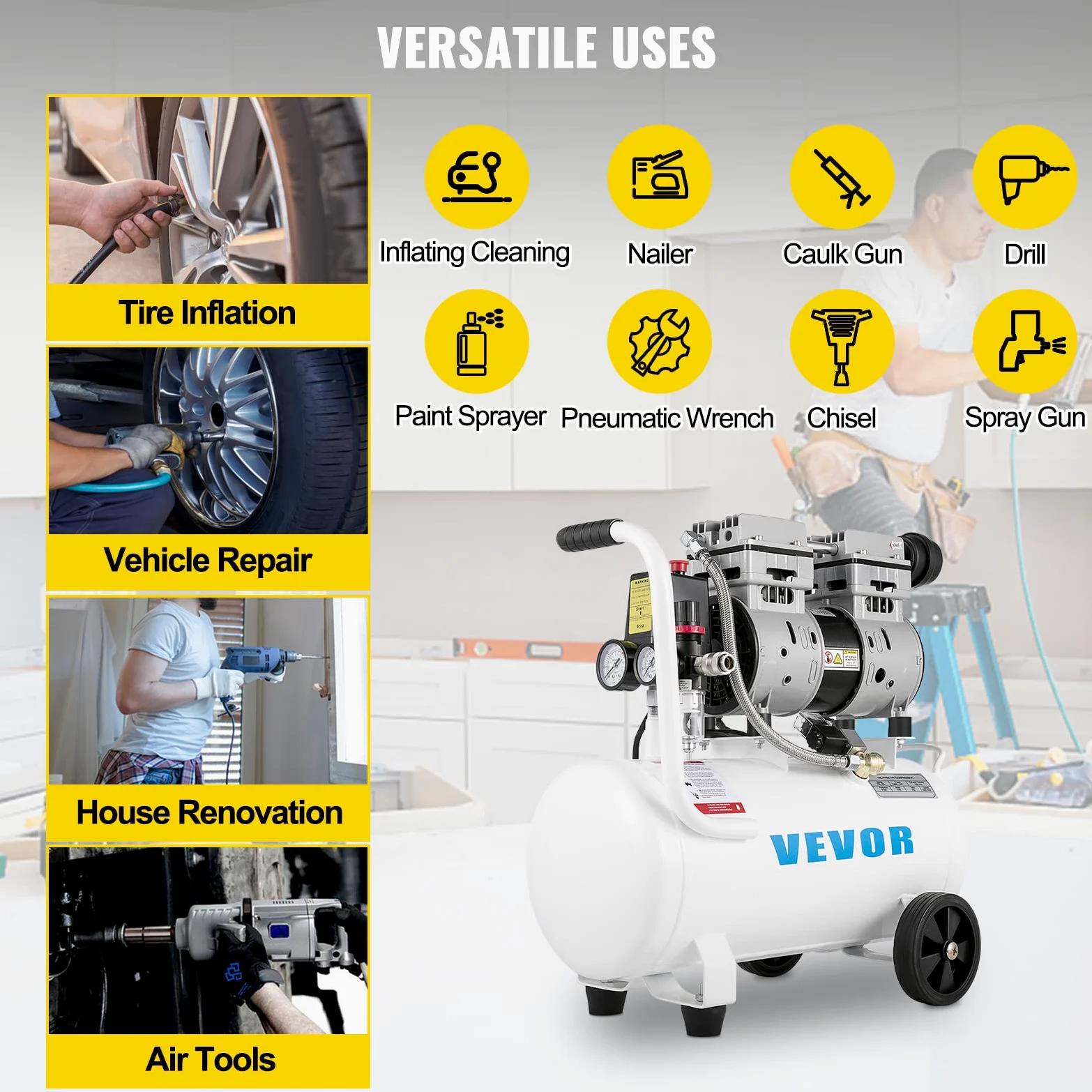 VEVOR Compressore Silenzioso 750W, Oil-free 25 L, Pressione 8 Bar, 220V, Compressore d'Aria Portatile, Rumorosità: 68 dB, per Esigenze di Gonfiaggio