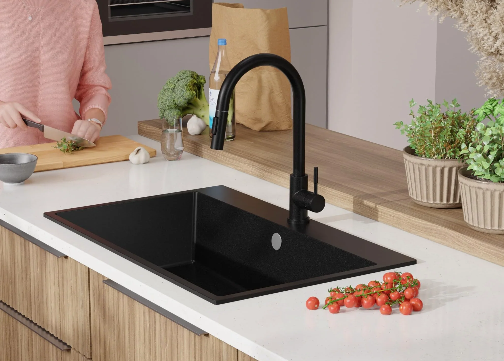 PRIMAGRAN Lavandino da Cucina Tutto Nero 78x50cm, Lavello in Granito a 1 vasca + Rubinetto 40x20cm + Set di accessori, Lavabo da Cucina Incasso al Mobile 80cm - Riga S483