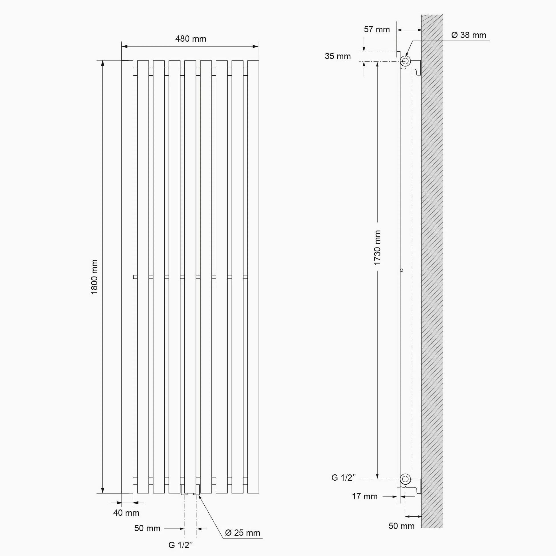 LuxeBath Radiatore da Bagno Stella 480 x 1800 mm Bianco, Termoarredo Piatto Monostrato in Acciaio con Connessione Centrale, Scaldasalviette Moderno, Calorifero per Riscaldamento Domestico