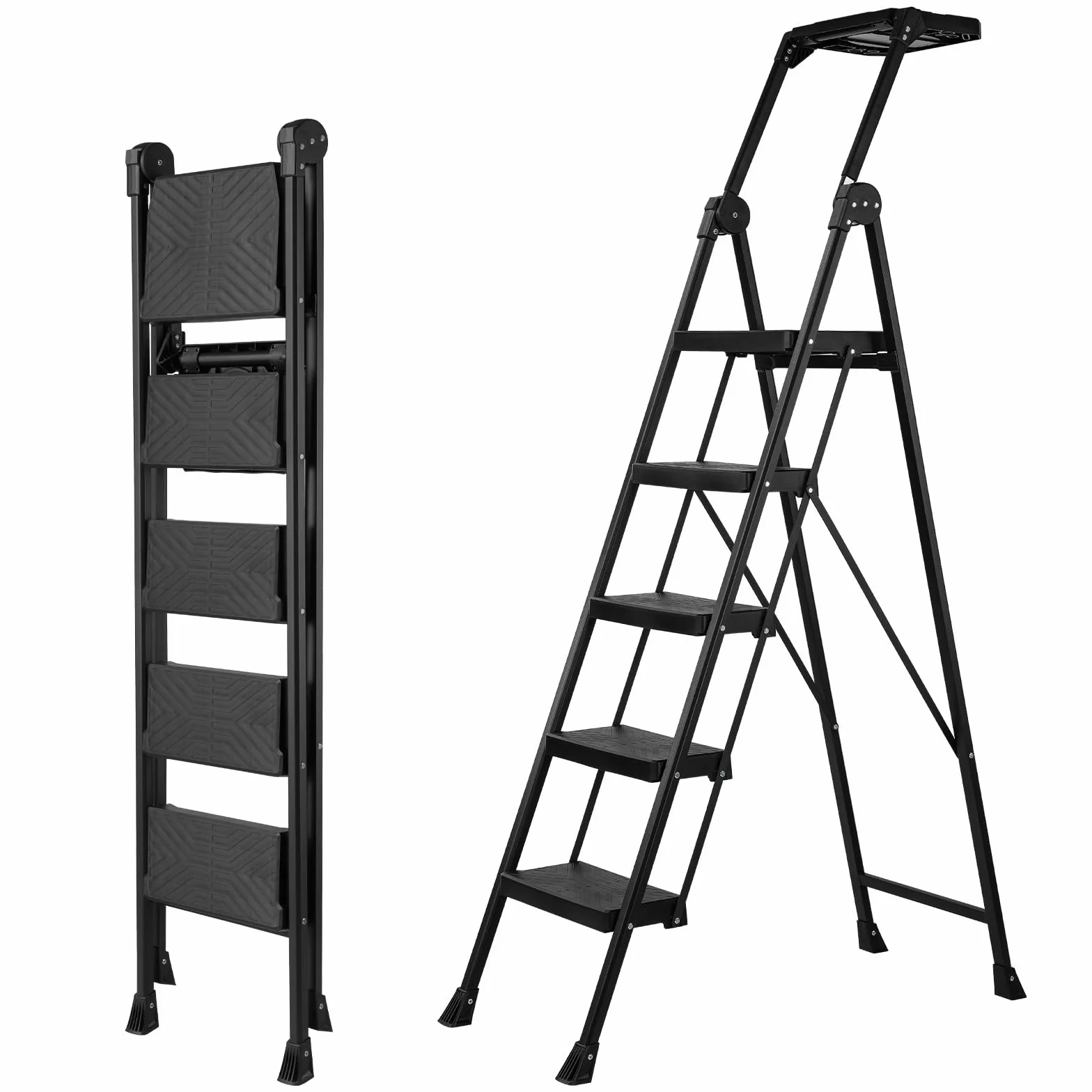 XinSunho Scala 5 Gradini Pieghevole, Massima 300 kg, Scaletta con Piattaforma per Attrezzi, Corrimano, Ampio Pedale Antiscivolo, Scaletto in Acciaio per Casa Giardino Pittura, Nero