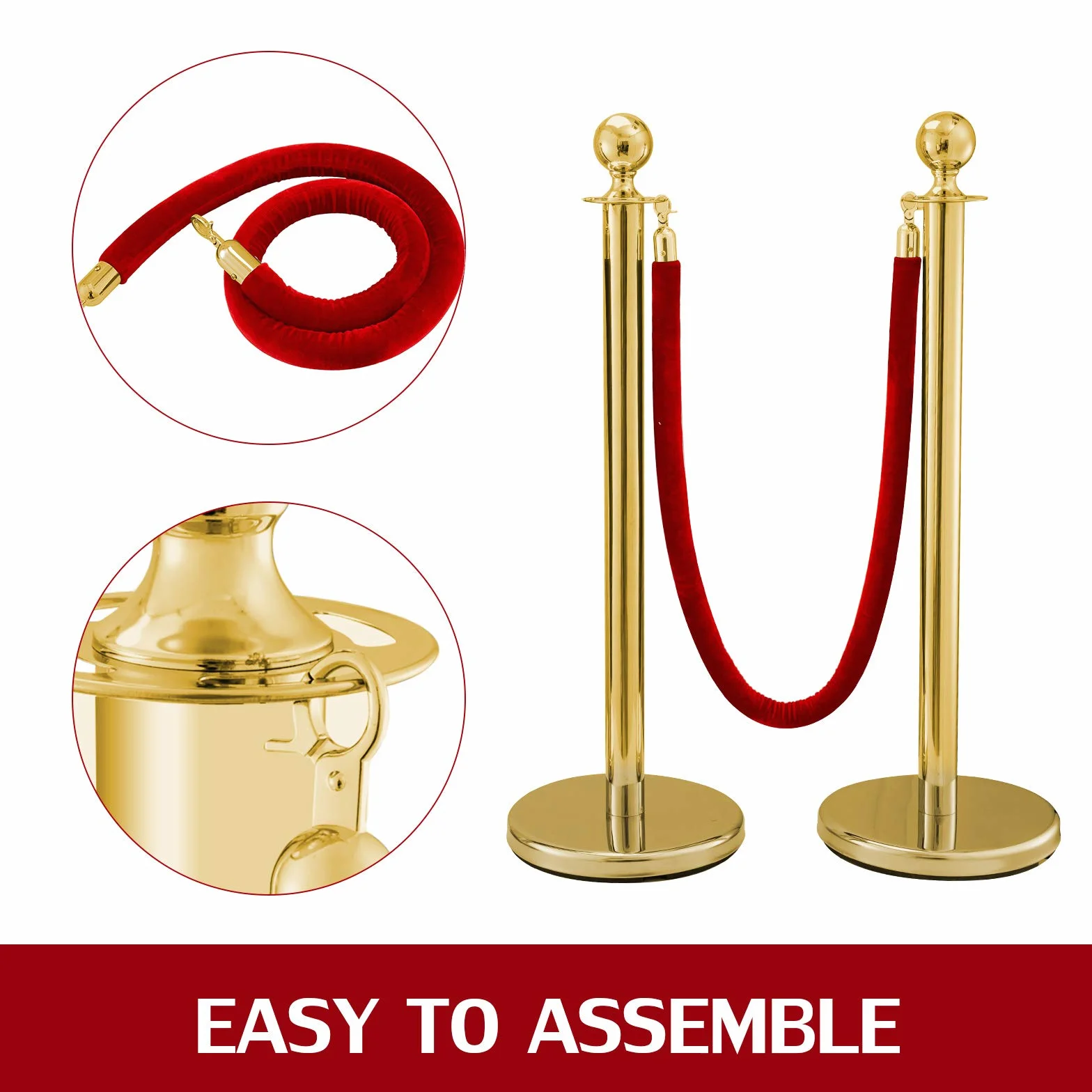 Transenne Eliminacode Paletti Delimitazione in Acciaio Inox 2 Corde di Velluto Rosso Confezione da 4 Paletti d'Oro
