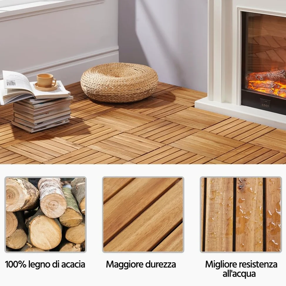 Yaheetech Piastrelle per Esterno 30 X 30 cm per Pavimento da Giardino in Legno di Acacia Impermeabili per Patio Terrazza Balcone Piscina Facili da Posare 27 Pezzi