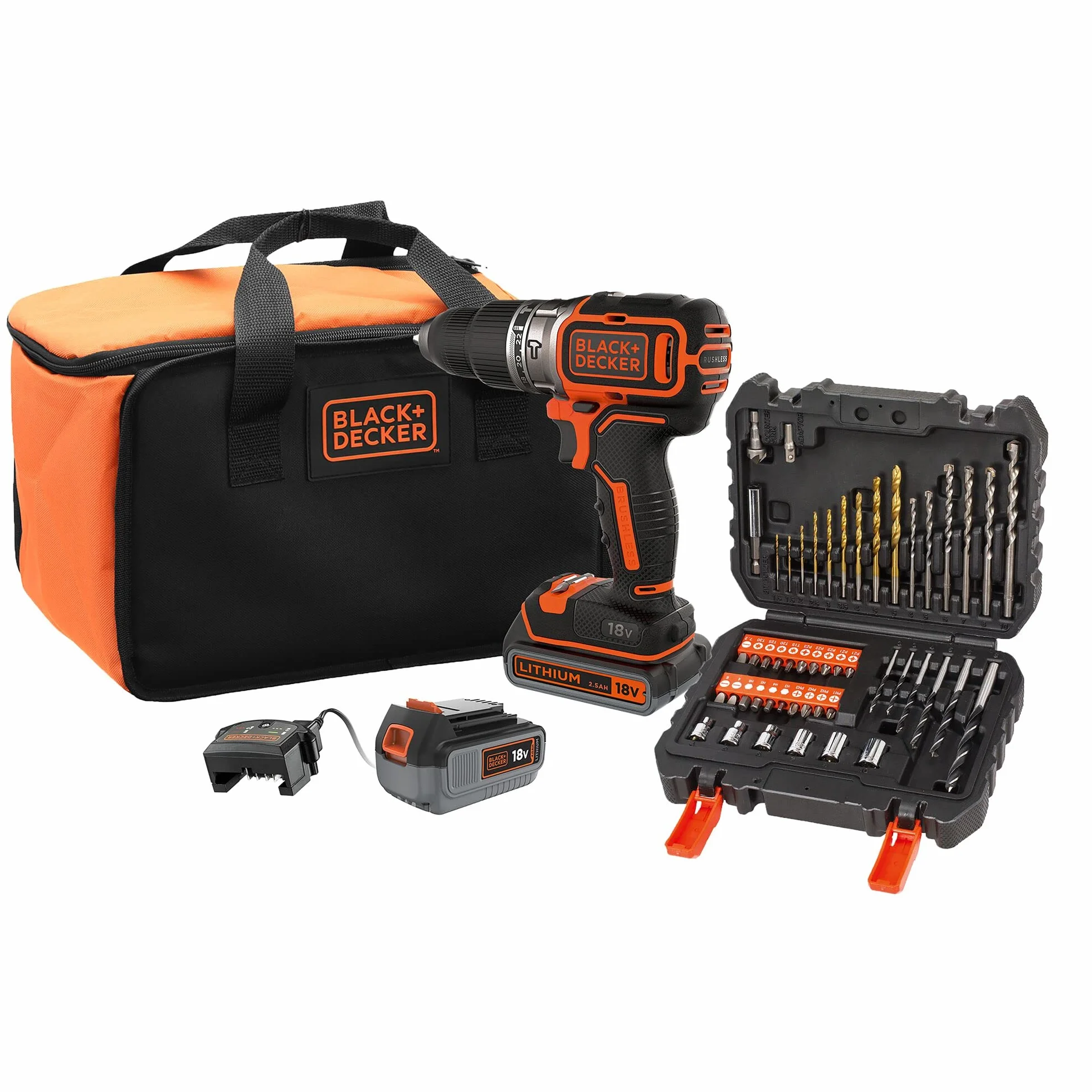 BLACK+DECKER Trapano avvitatore a percussione 18V, motore senza spazzole, mandrino 13mm, LED, 2 batterie, 50 accessori, caricabatterie, borsa, BL188ME2SA-QW
