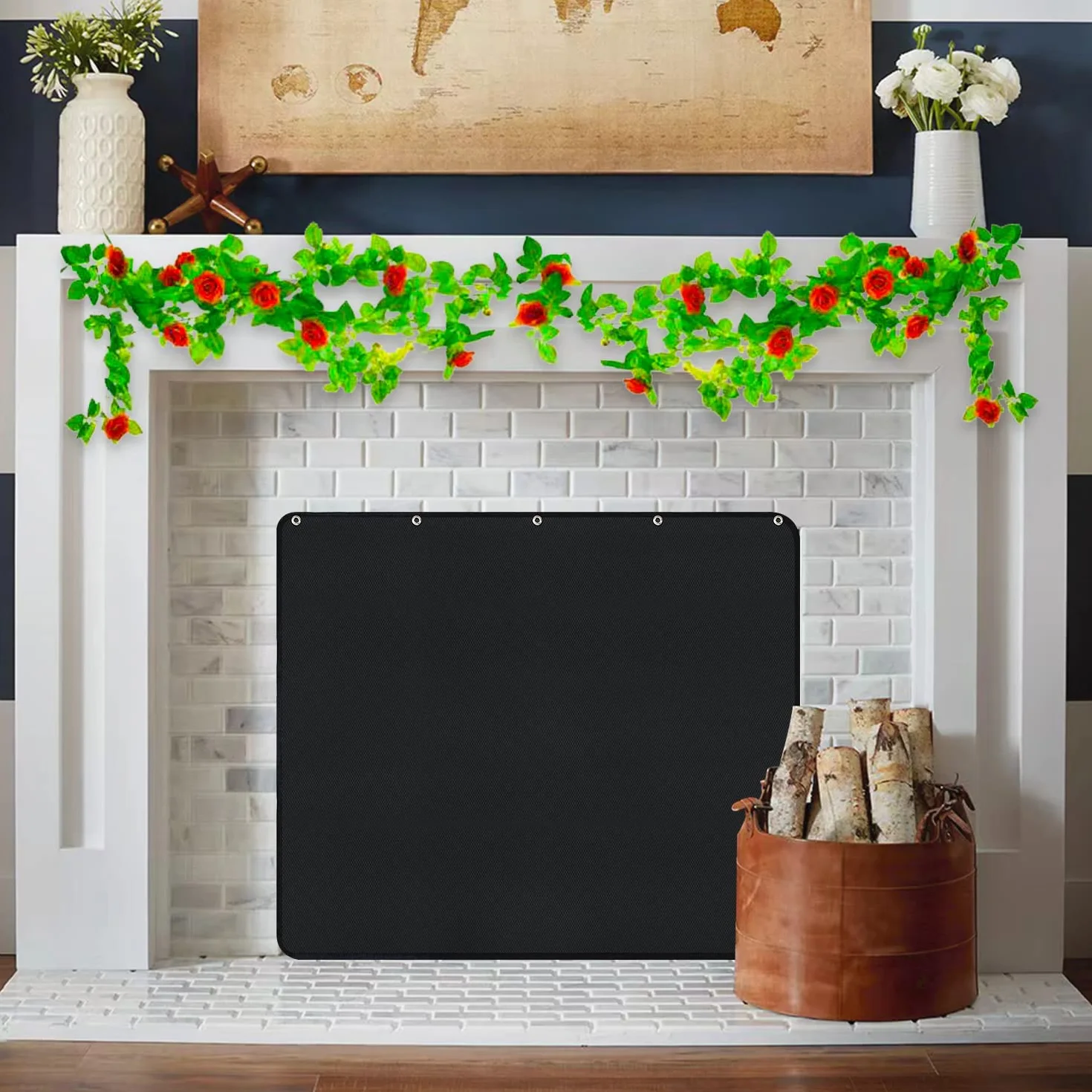 Copertura magnetica per camino, protezione ignifuga contro le correnti d'aria, protezione contro la dispersione di calore, protezione contro l'aria fredda, nero (92 cm W x 69 cm H)