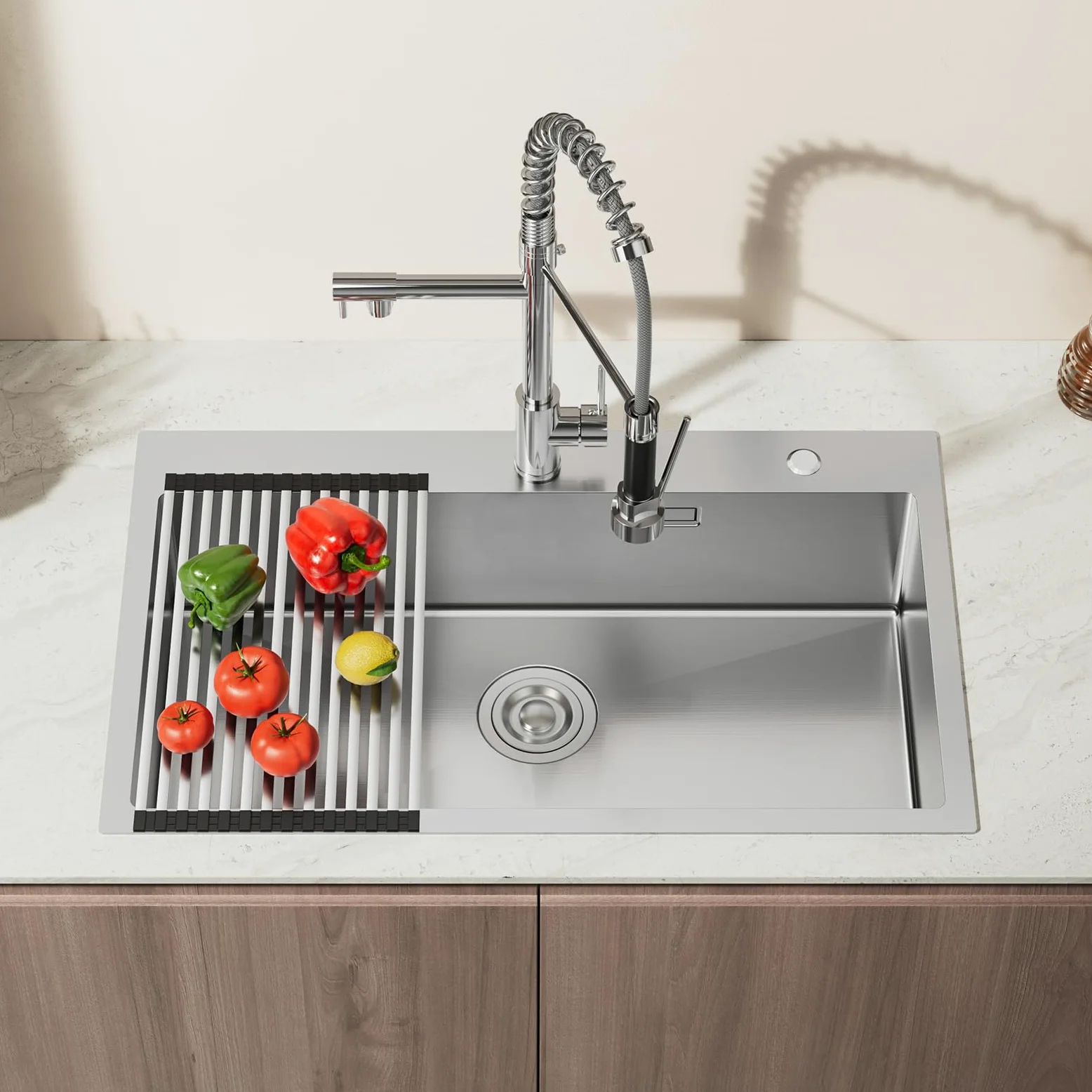 CECIPA Lavello Cucina 1 Vasca 75x45 cm, Lavandino Cucina con Tenda a Rullo Scarico, Lavello in Acciaio Inox 304 per Mobile di lunghezza 80cm con Sifone e Scarico