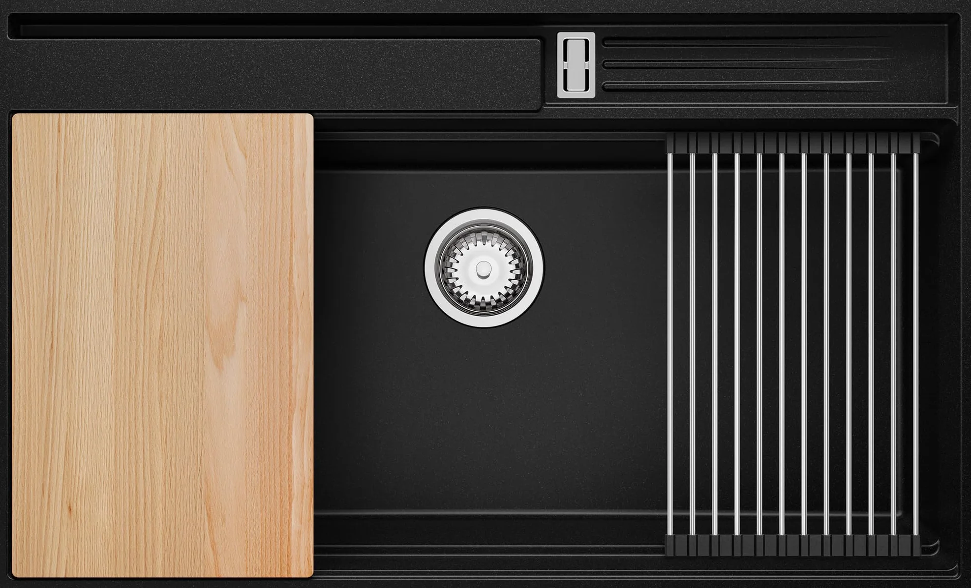 PRIMAGRAN Lavello da Cucina Nero 88x53cm, Lavandino in Granito a 1 vasca + Sifone Classico, Lavabo da Cucina Incasso al Mobile 90cm - Oslo 90 Pocket S455
