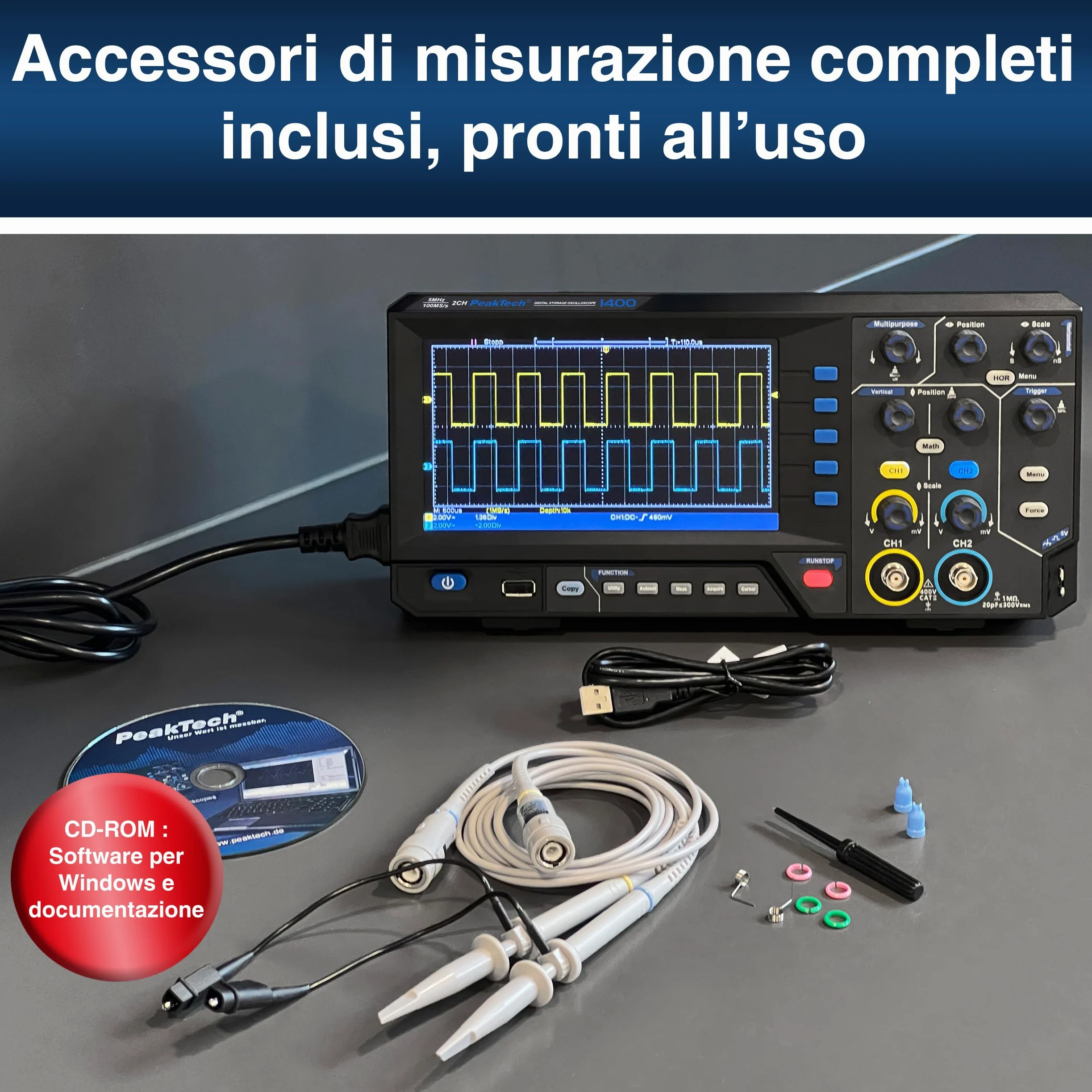 PeakTech 1402 - Oscilloscopio digitale a 2 canali [3 anni di garanzia] 20 MHz, 250 MS/s, interfaccia USB, software PC, Oscilloscopio P 1402, nero, oscilloscopio USB, oscilloscopio multimetro
