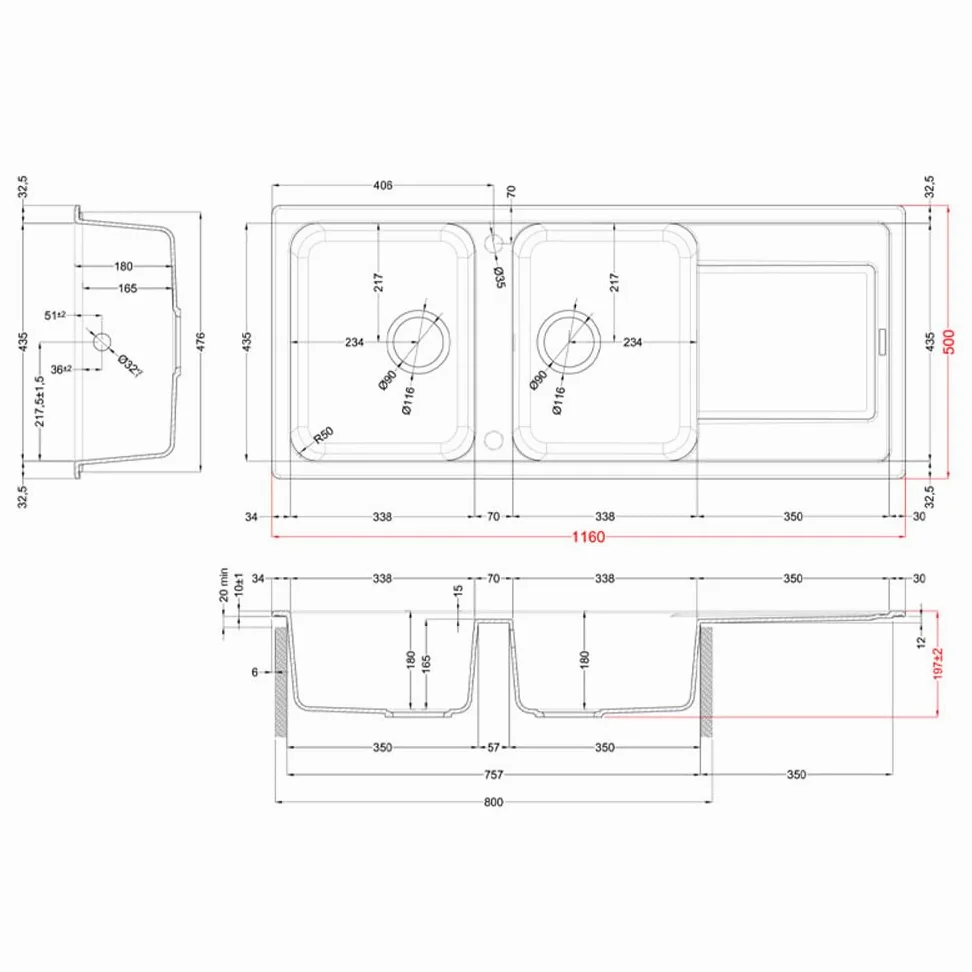 Elleci LG250040 Life 500 - Lavello da cucina, 2 vasche, gocciolatoio, 116x50 cm, Nero