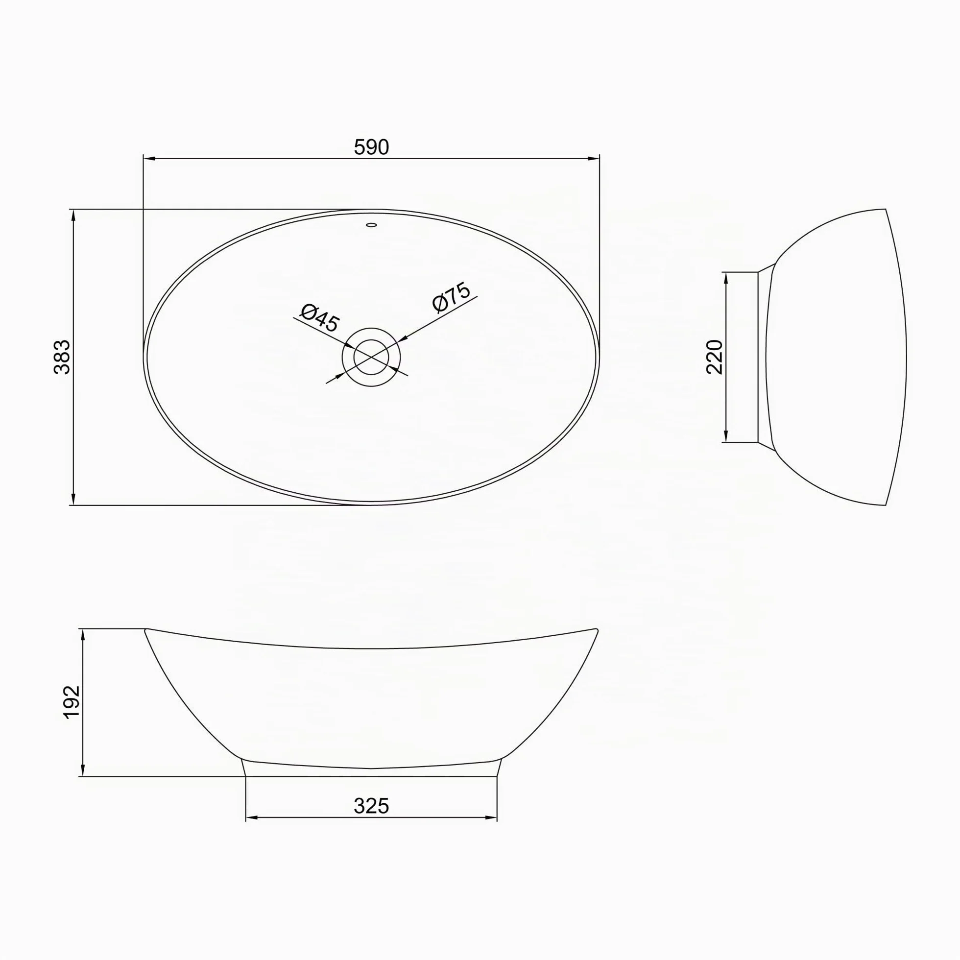 doporro Lavabo Ovale da Appoggio in Ceramica Bianco Lucido 59x38,3x19,2 cm, Lavandino Bagno con Troppopieno Effetto Loto Brüssel818