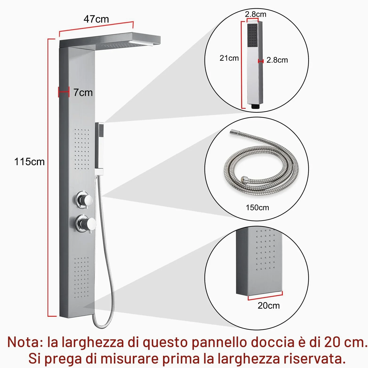 Froadp Sistema Doccia a Pioggia Pannello in Acciaio Inox Spazzolato Montaggio a Parete set Doccia con Doccia Idromassaggio Cascata e set Doccia Doccetta Lusso per Bagno (D'argento)