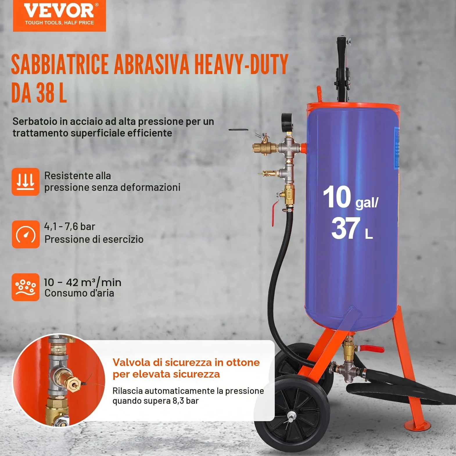 VEVOR Sabbiatrice da 37 Litri, Sabbiatrice Pressione 60-110 PSI, Serbatoio Abrasivo Portatile, Kit Sabbiatura ad Aria 2 Ugelli in Ceramica Separatore Tubo 2,3m per Rimozione di Vernice Macchie Ruggine
