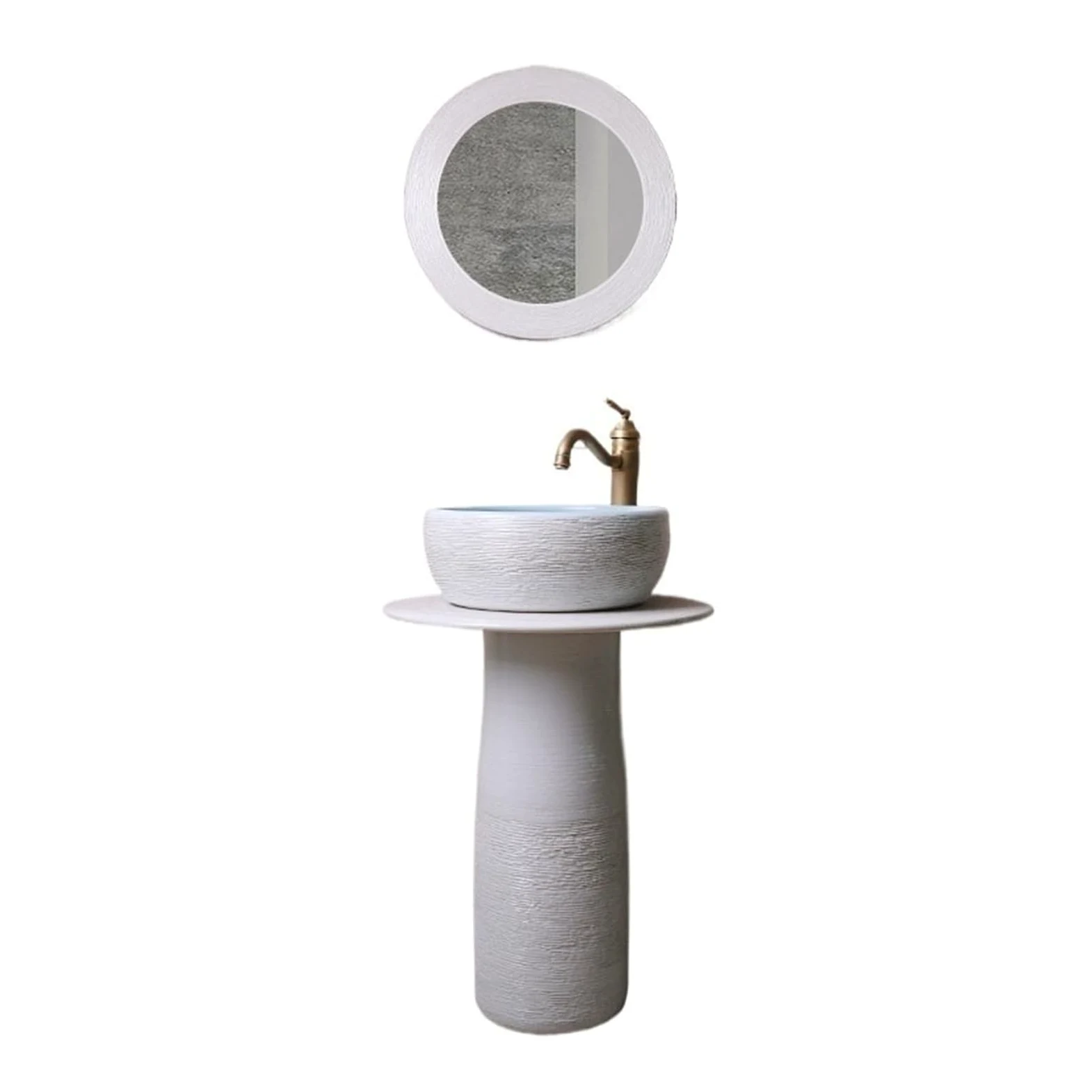 Lavabo su Colonna da Bagno in Ceramica con Rubinetto, Set di Scarico e Specchio - Piedistallo per Interni ed Esterni