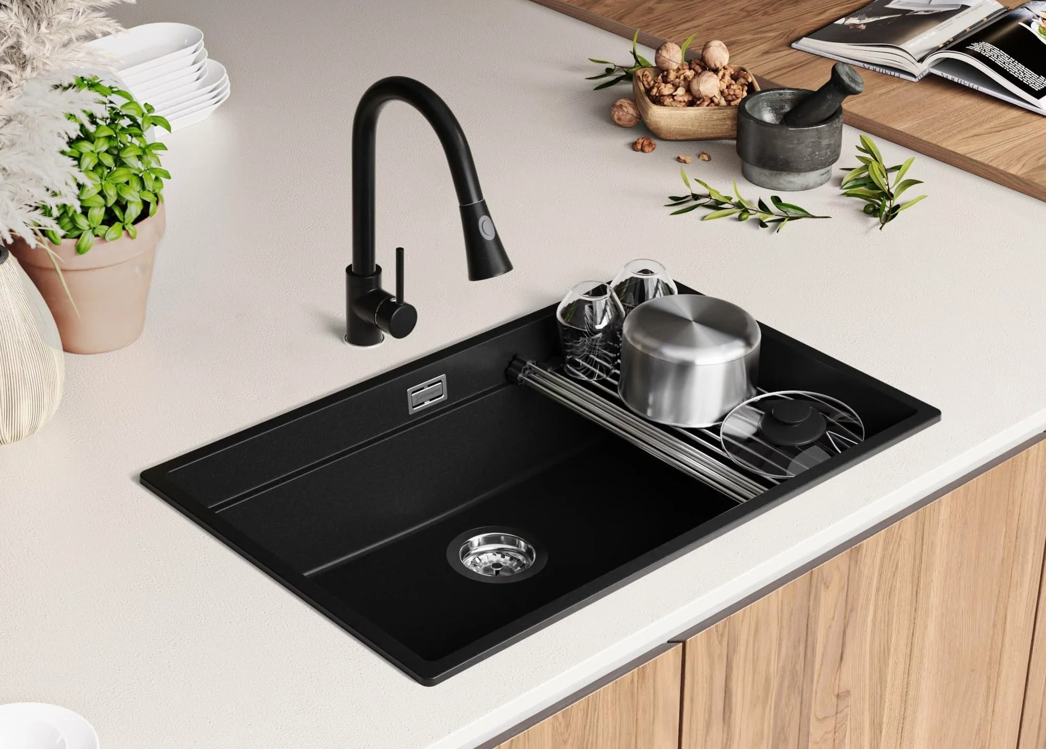 PRIMAGRAN Lavello da Cucina Tutto Nero 76x47cm, Lavandino in Granito a 1 vasca + Set di accessori, Lavabo da Cucina Incasso al Mobile 80cm - Prague Level Slim S547