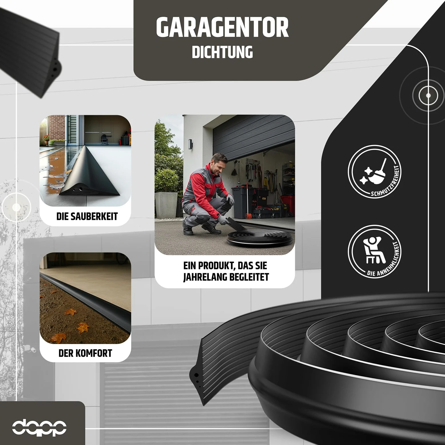 Dq-pp | Guarnizione Soglia Garage | 2,5m | 30mm x 160mm | con colla per installazione | nero | Sigillatura per pavimenti | Soglia in gomma EPDM | 3cm x 16cm