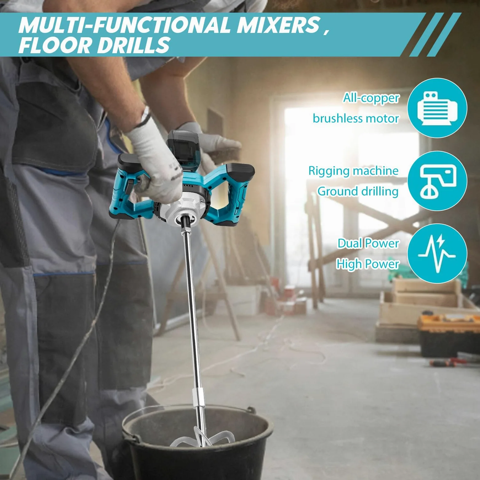 Agitatore per malta a batteria, compatibile con batteria Makita, 3200 W, multiuso, mixer per calcestruzzo senza brushless con aste di miscelazione, testa di miscelazione, chiavi e guanti (max 680 giri