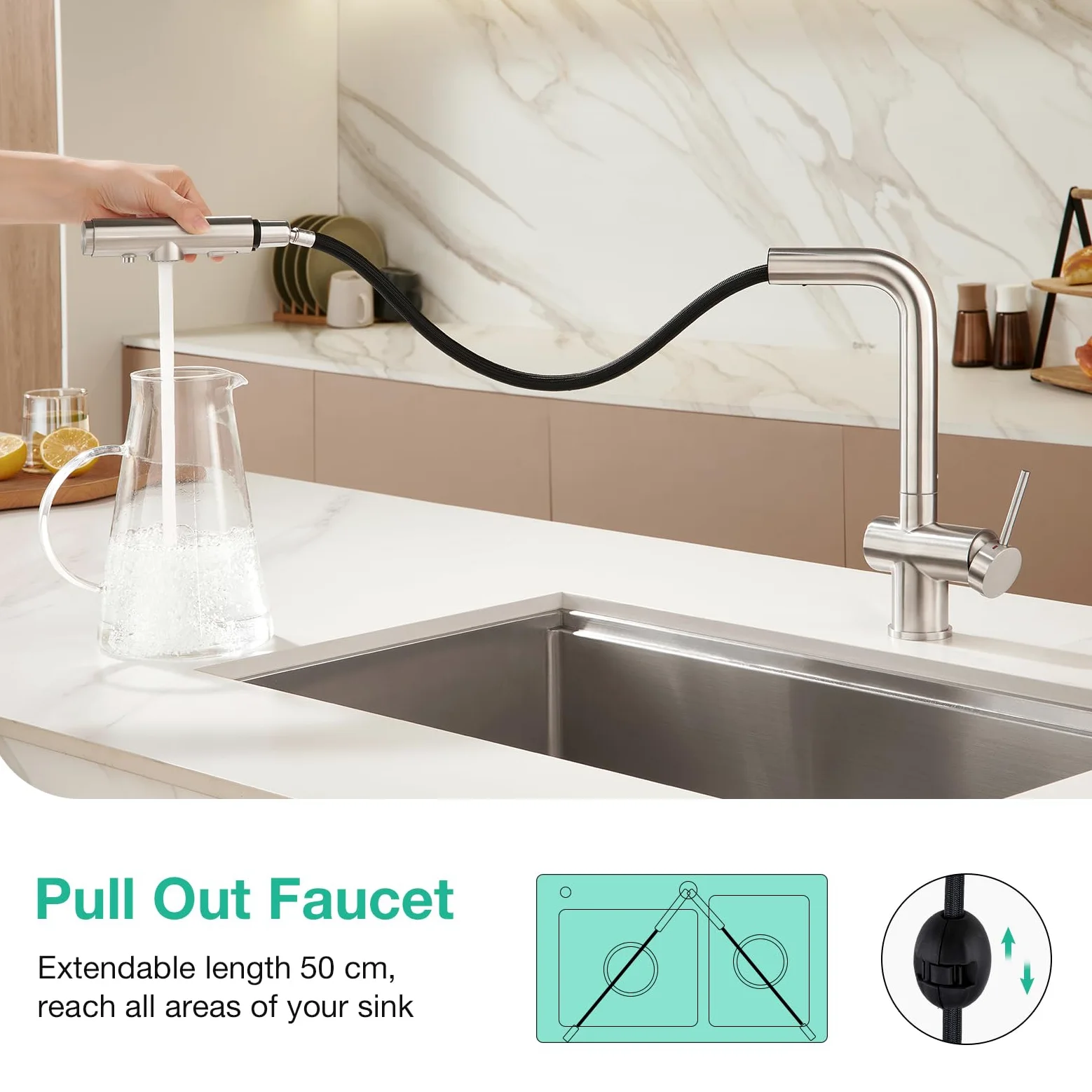 Faustina Rubinetto da cucina a 3 vie con doccetta estraibile, miscelatore monocomando, rubinetto per lavello, rubinetto da cucina per impianto di osmosi inversa e filtro dell'acqua in acciaio inox
