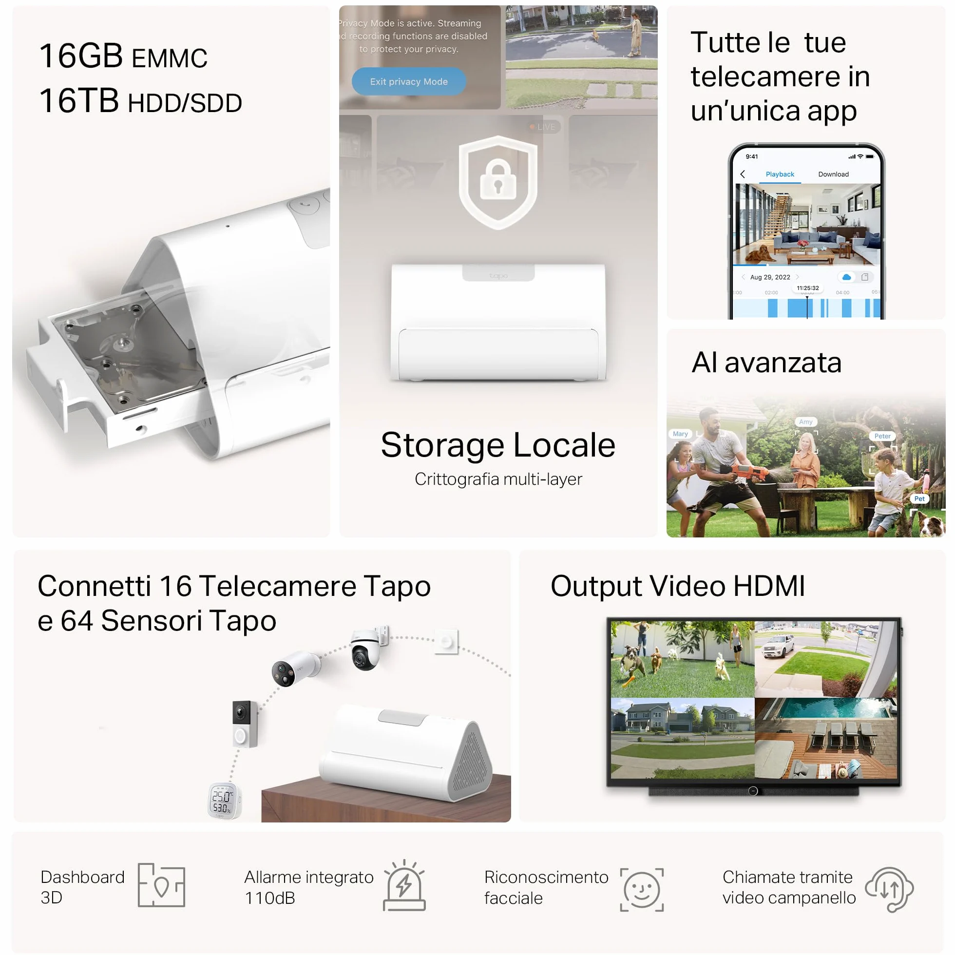 Tapo H500 Smart HomeBase, Connetti 16 Telecamere e 64 Sensori, Archiviazione Locale 16GB Integrato+16TB Espandibile HDD/SSD, Senza Canone Mensile, Rilevamento AI Avanzato, Output HDMI