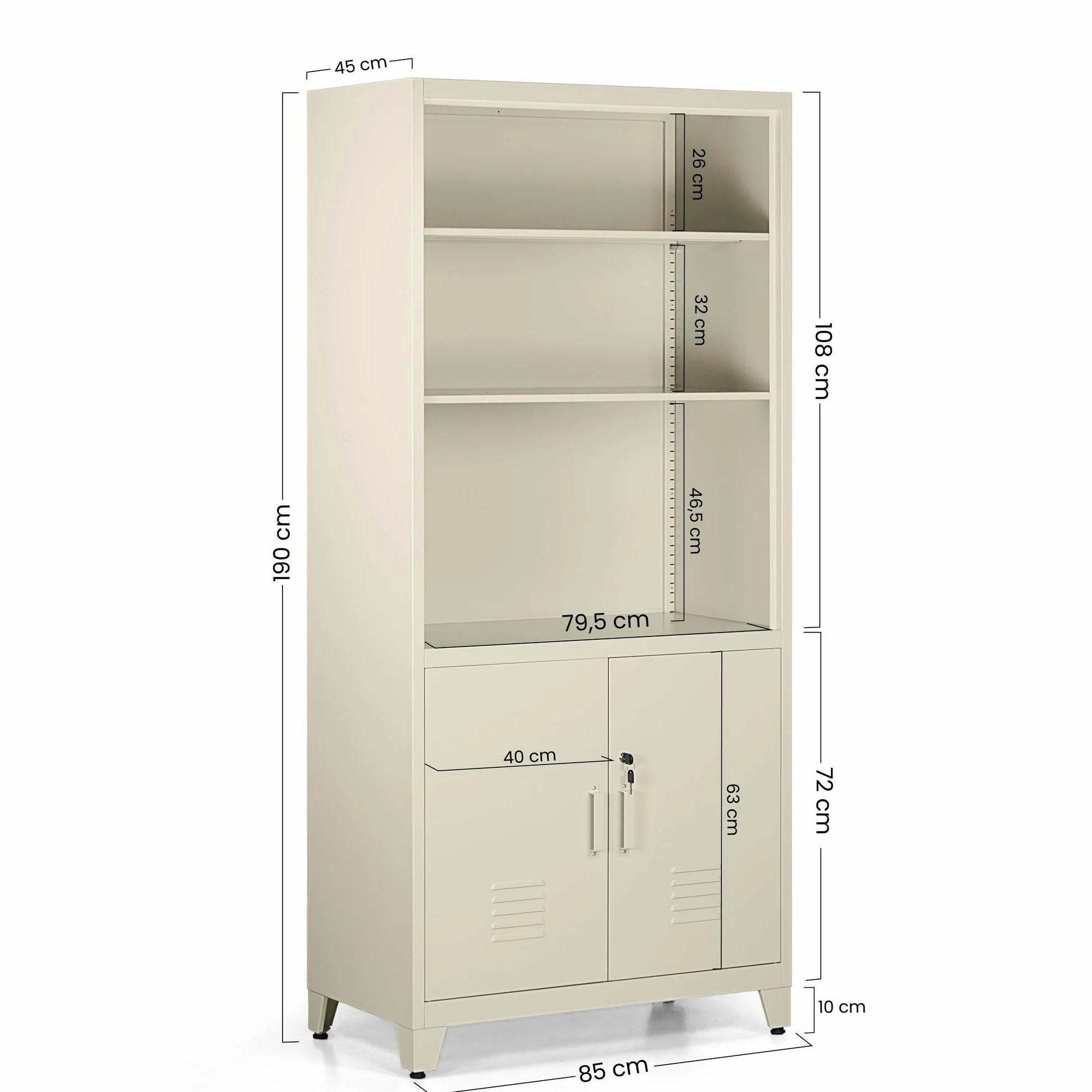 WeHome - Armadio Da Ufficio In Metallo 85x45x190 Cm Con Serratura, Mobile Ufficio Metallo Con 2 Ante E Mensole, Libreria Metallica Archivio Con 5 Ripiani Regolabili Per Ufficio O Archivio (Avorio)