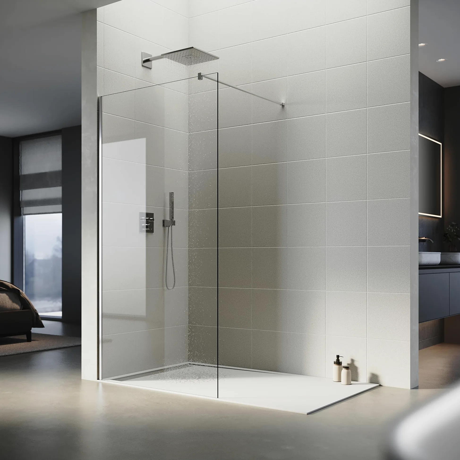 SONNI Walk in Box Doccia 110 x 200 cm, Parete Doccia Fissa in Cristallo 8mm, Vetro Trasparente Temperato Rivestimento Nano, Regolabile con Stabilizzatore