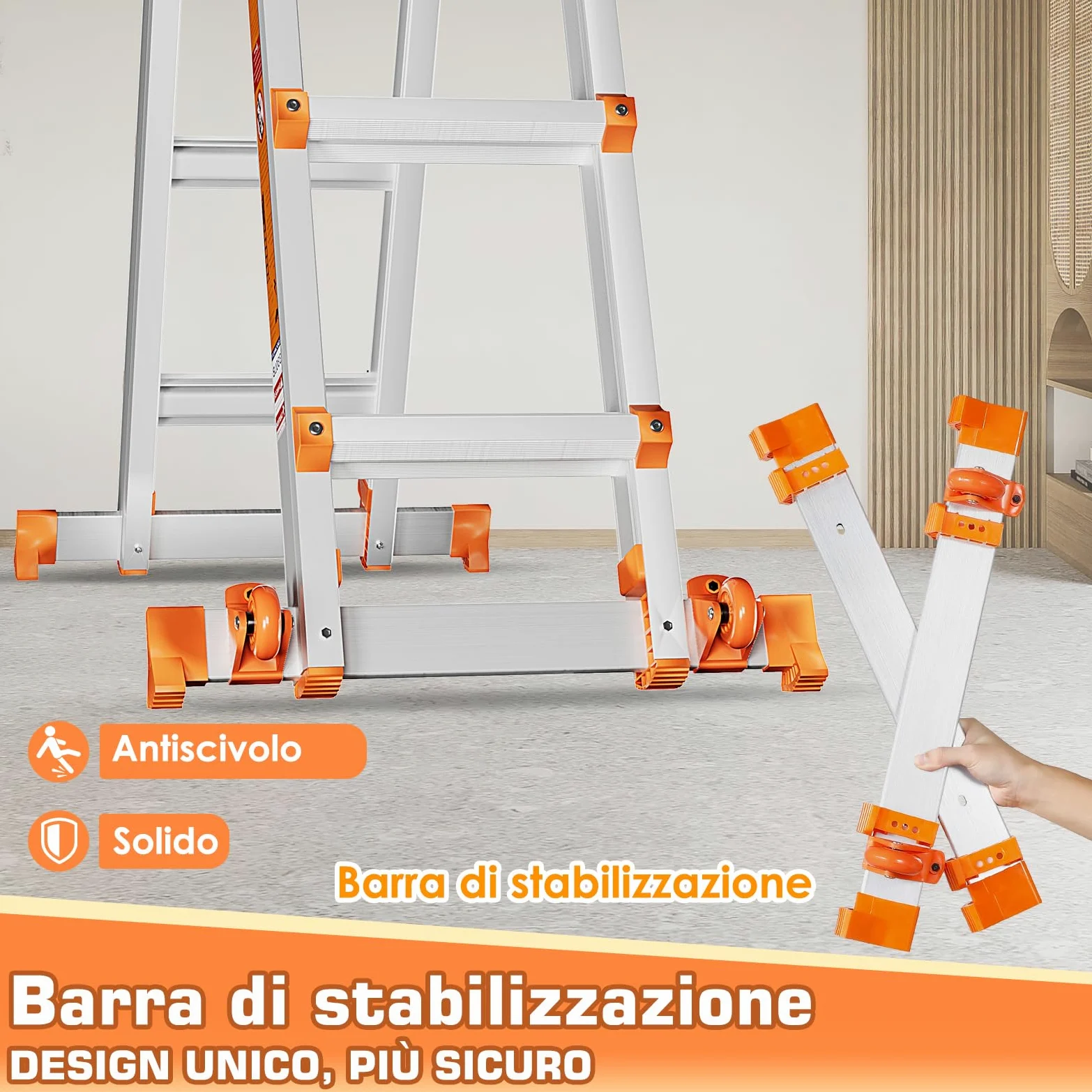 Scala Multiuso a 5 Livelli: Scala a 5 Livelli e Scala Allungabile da 17 Piedi (5,18 m) con Stabilizzatore e Ruote, Portata 150 kg, Sicuro per Scale, per Interni, Esterni e Tetto, in Lega di Alluminio