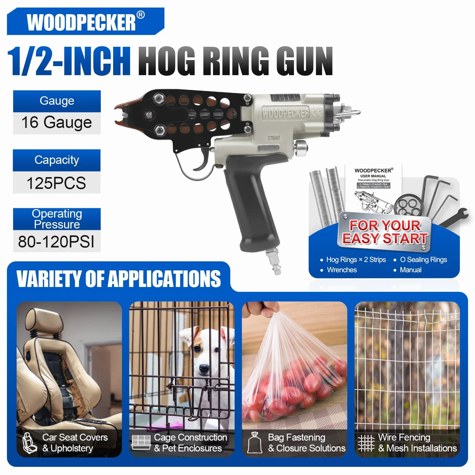 WOODPECKER C-760A Pistola pneumatica ad anello con ghiera, diametro di chiusura da 3,0 mm a 4,0 mm, graffe ad anello con corona da 1/2 pollice, pistola pneumatica ad anello con ghiera