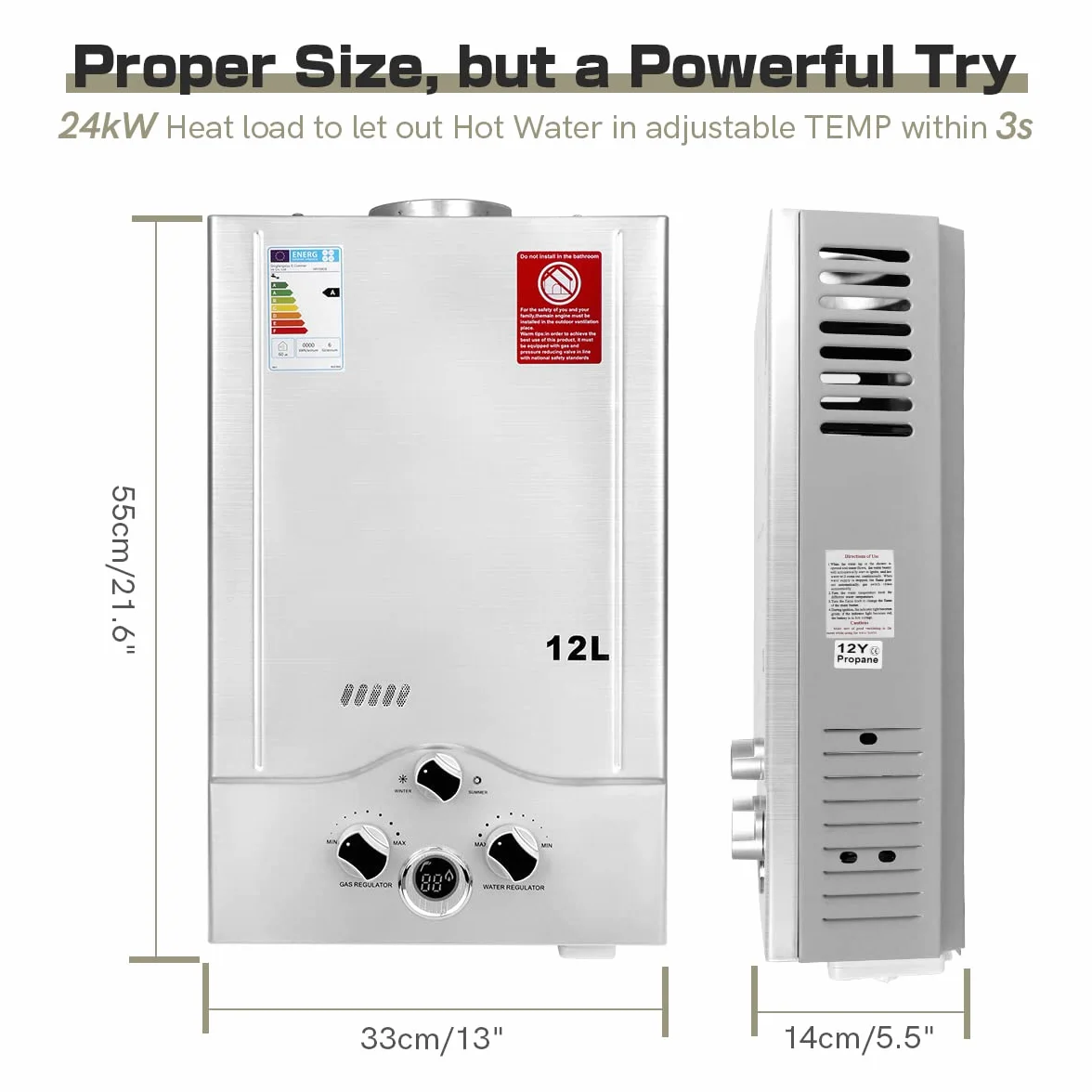 Scaldabagno a Gas 12LPM, Scaldabagno Gas GPL 24KW con la Più Bassa Pressione dell'Acqua Disponibile di 0,2 bar, Funzionamento a Propano e Butano