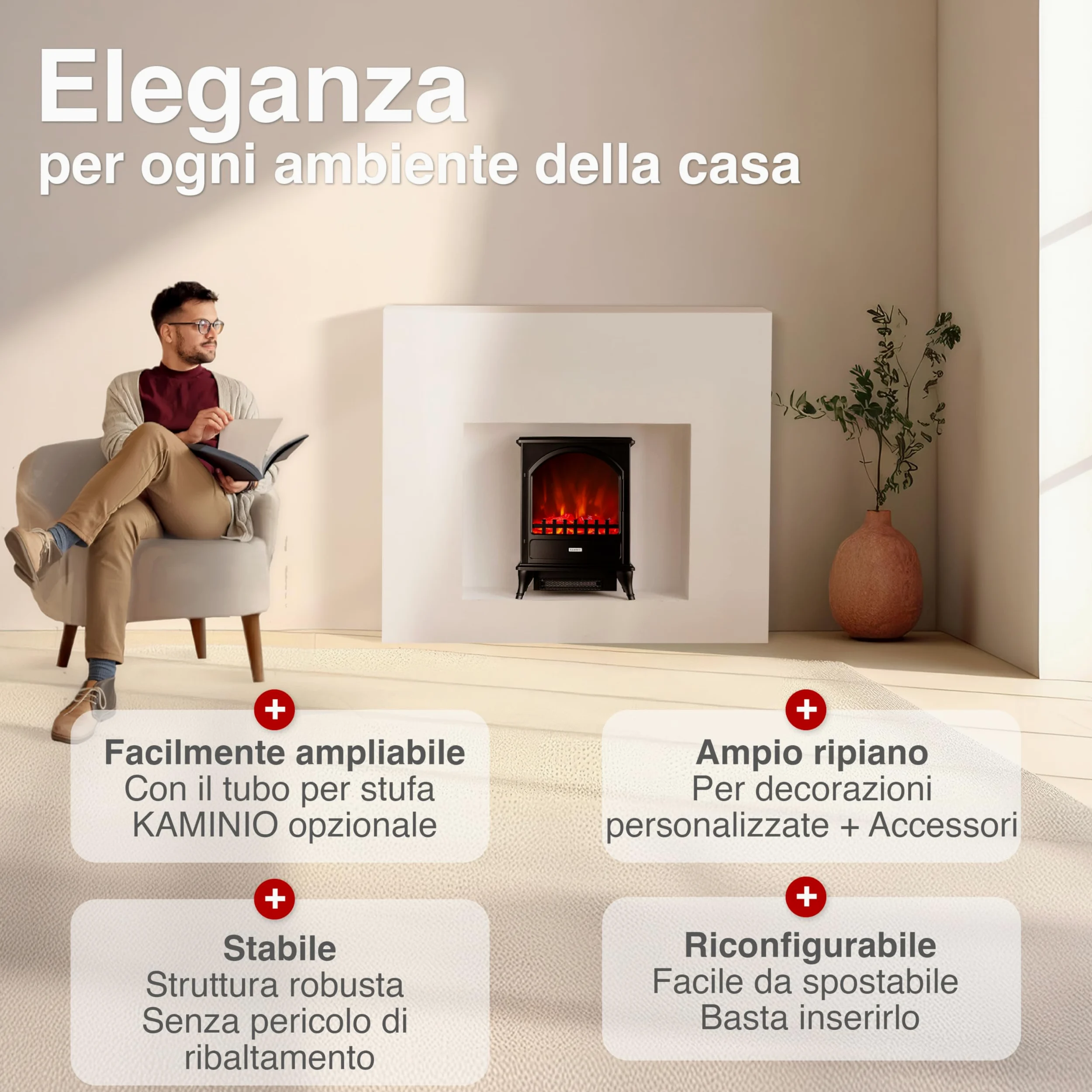 KAMINIO Camino elettrico Leni - Stufa elettrica con riscaldamento, effetto fiamma 3D (Nero)