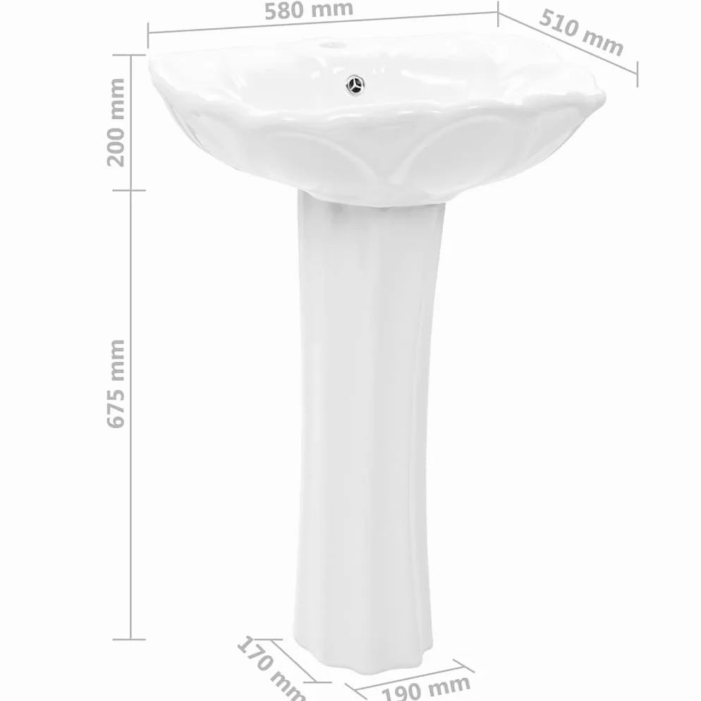 vidaXL Lavabo indipendente con piedistallo con troppopieno bagno in ceramica guardaroba bagno per gli ospiti bagno lavabo a mano ciotola bianca 580 x 510 x 200 mm
