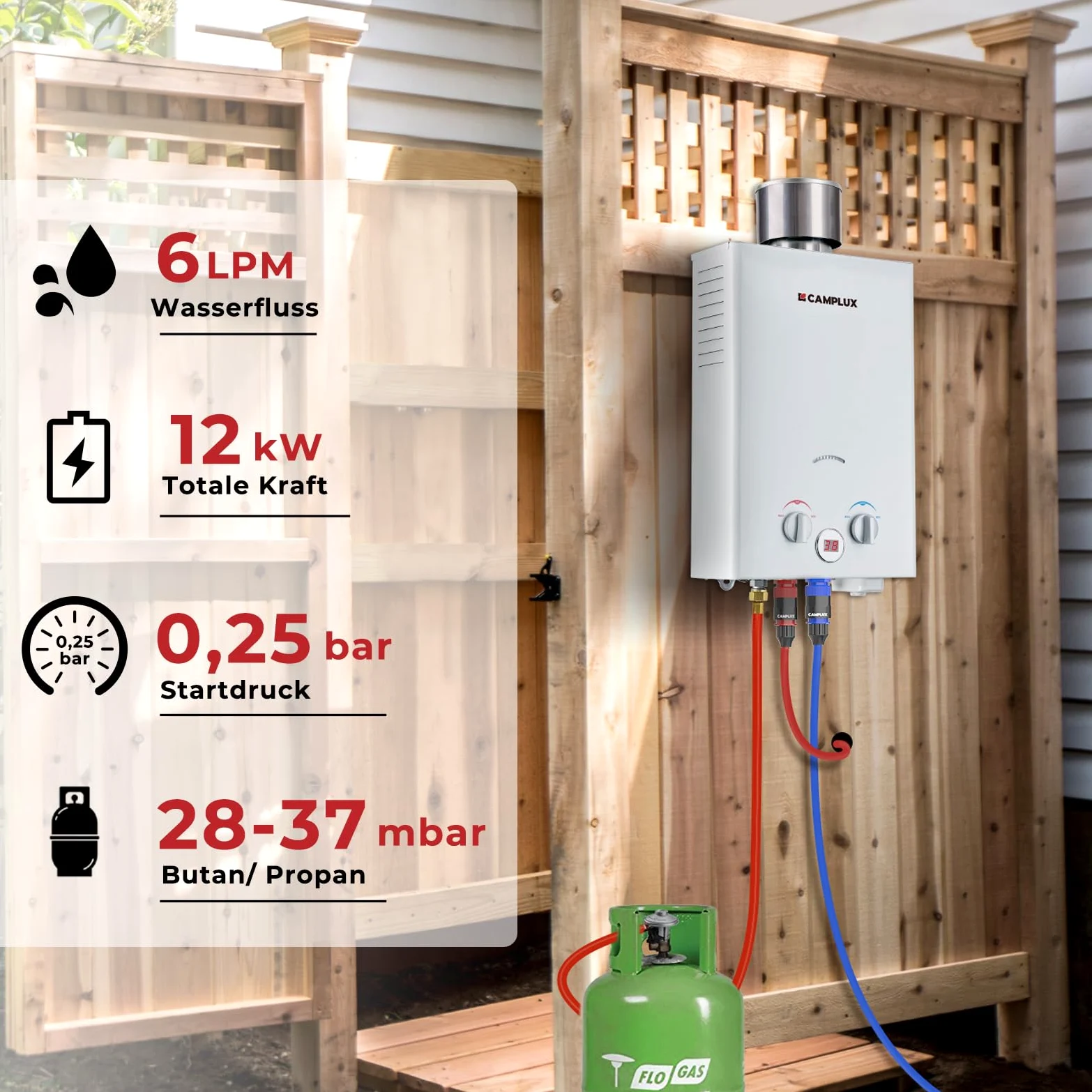 CAMPLUX BW158C Scaldacqua a Gas Tankless, 6 Litri, 12kW, Butano (28-30 mbar) / Propano (37 mbar), per Doccia da Campeggio