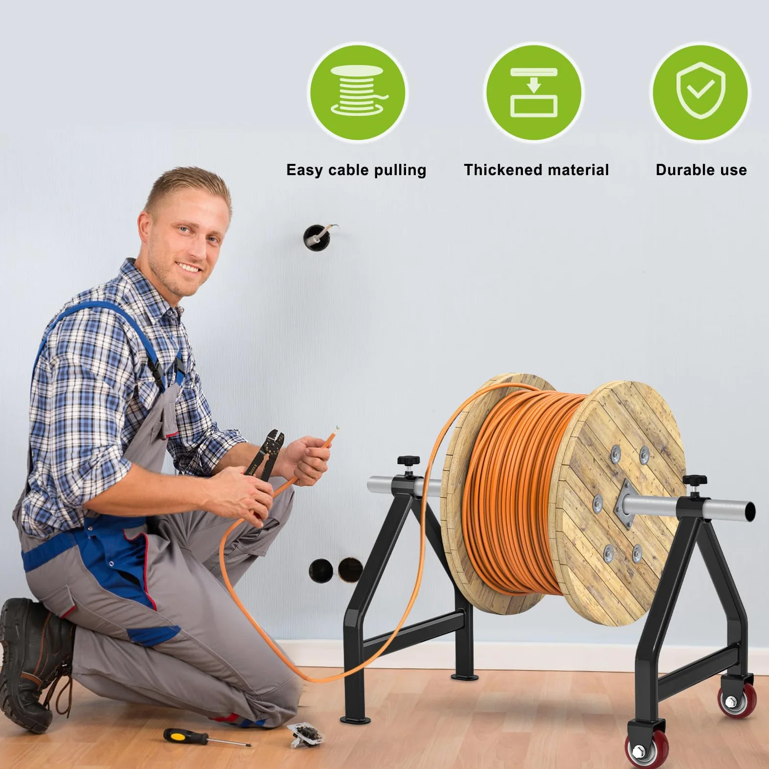 Porta bobine di filo, contenitore portatile per cavi, in acciaio completamente saldato, dispenser per bobine di diametro fino a 71 cm, capacità 99,8 kg, nero