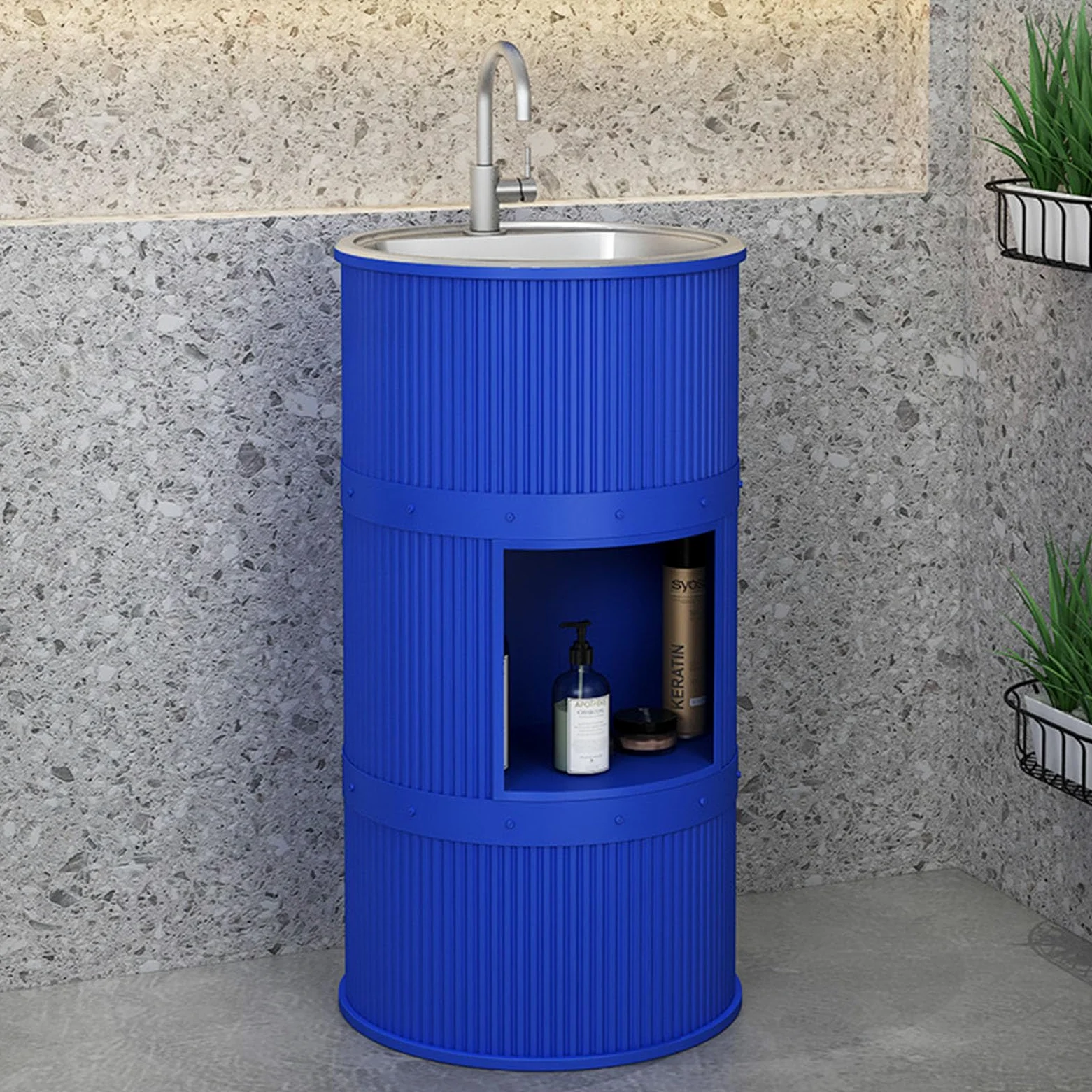 Lavandino a Colonna Moderno in Ferro Battuto, Mobile da Bagno con Lavabo in Acciaio Inox, Lavandino su Piedistallo Freestanding Set con Rubinetto e Scarico (con contenitore,Blu)