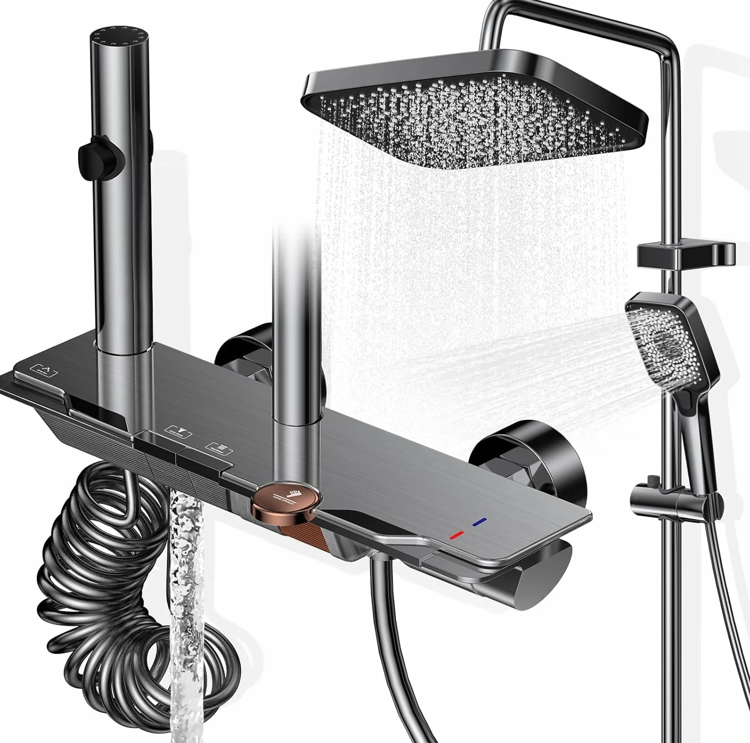 Colonna Doccia con Miscelatore, Set Doccia Soffione e Doccetta a Man, Pannello Comando Piano 4 Funzioni, Asta Saliscendi Altezza Regolabile, Corpo in Ottone Massiccio e Vetro Temperato-Grigio