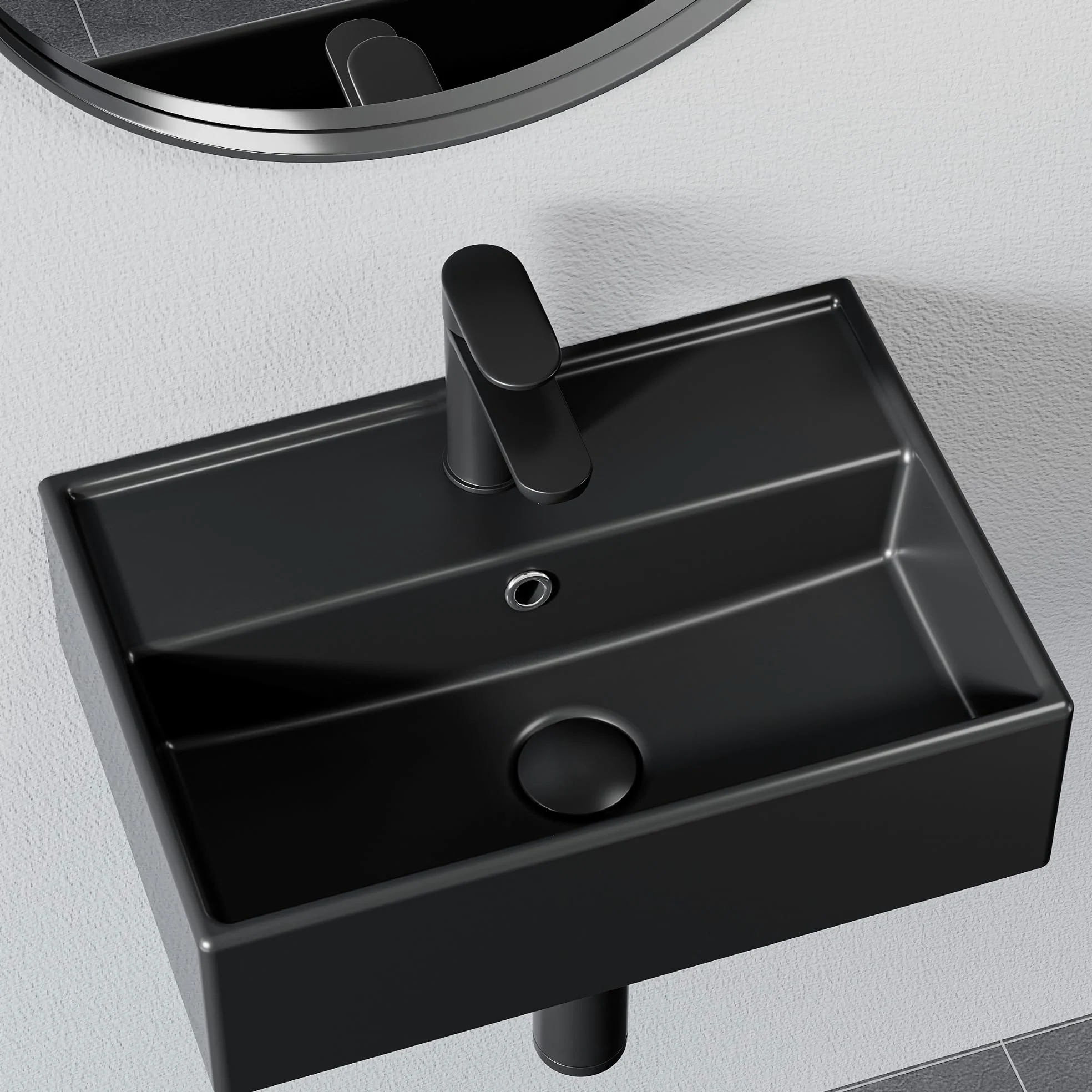 HOROW Lavandino da bagno in ceramica (nero, 45 x 31 cm) – Lavello rettangolare da appoggio/parete | bordo rialzato e superficie inclinata | bordo sottile e sporgenza | per piccoli bagni, guardaroba