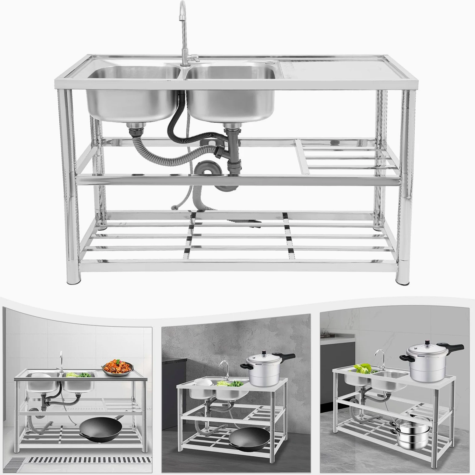 Lavello da cucina in acciaio inox, a 2 vasche a 3 livelli, autoportante, con rubinetto, per ristorante, campeggio, 120 x 45 x 80 cm, con accessori e scolapiatti