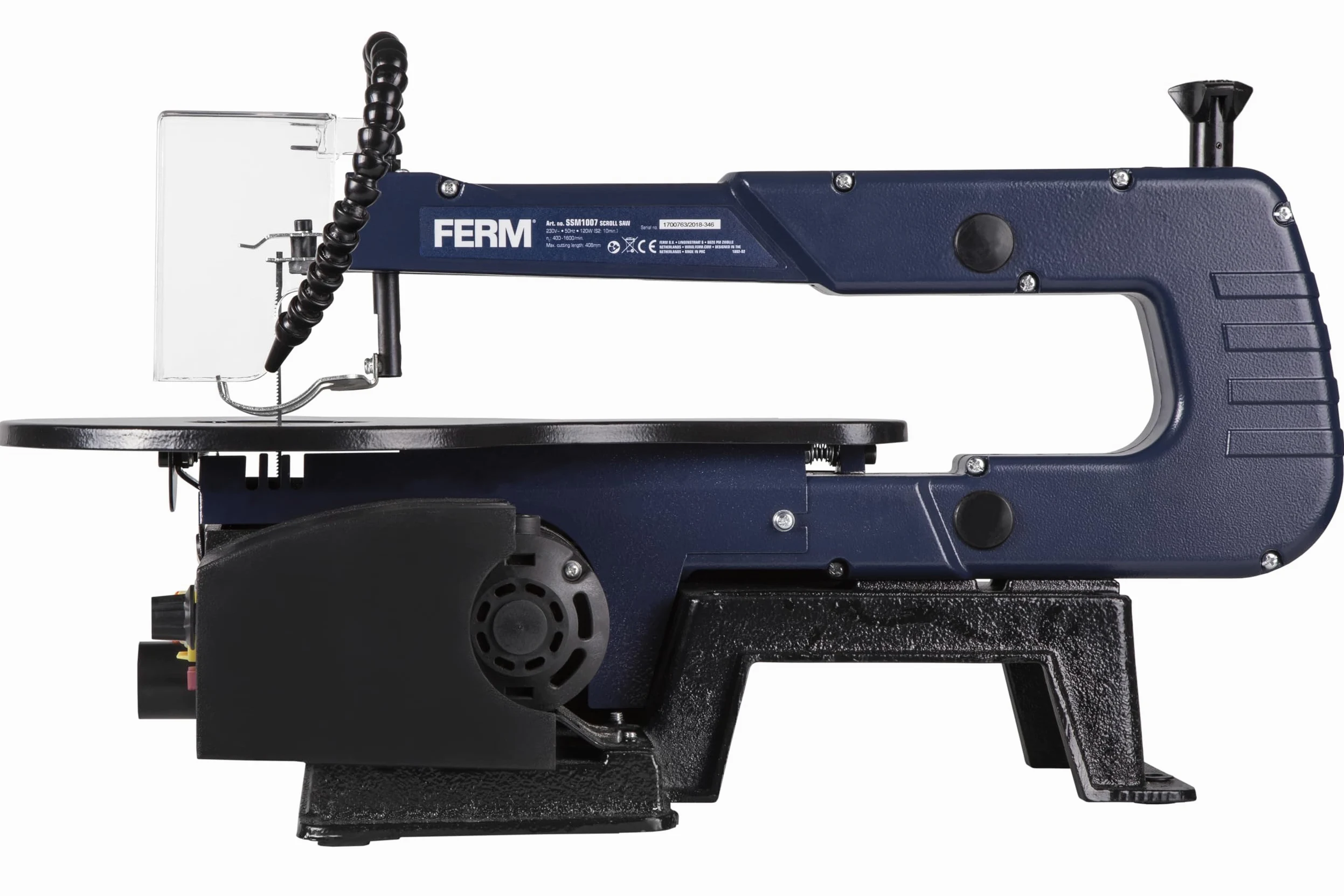 FERM Sega da traforo 120W - interruttore a pedale. Include lame TPI e chiave a brugola.