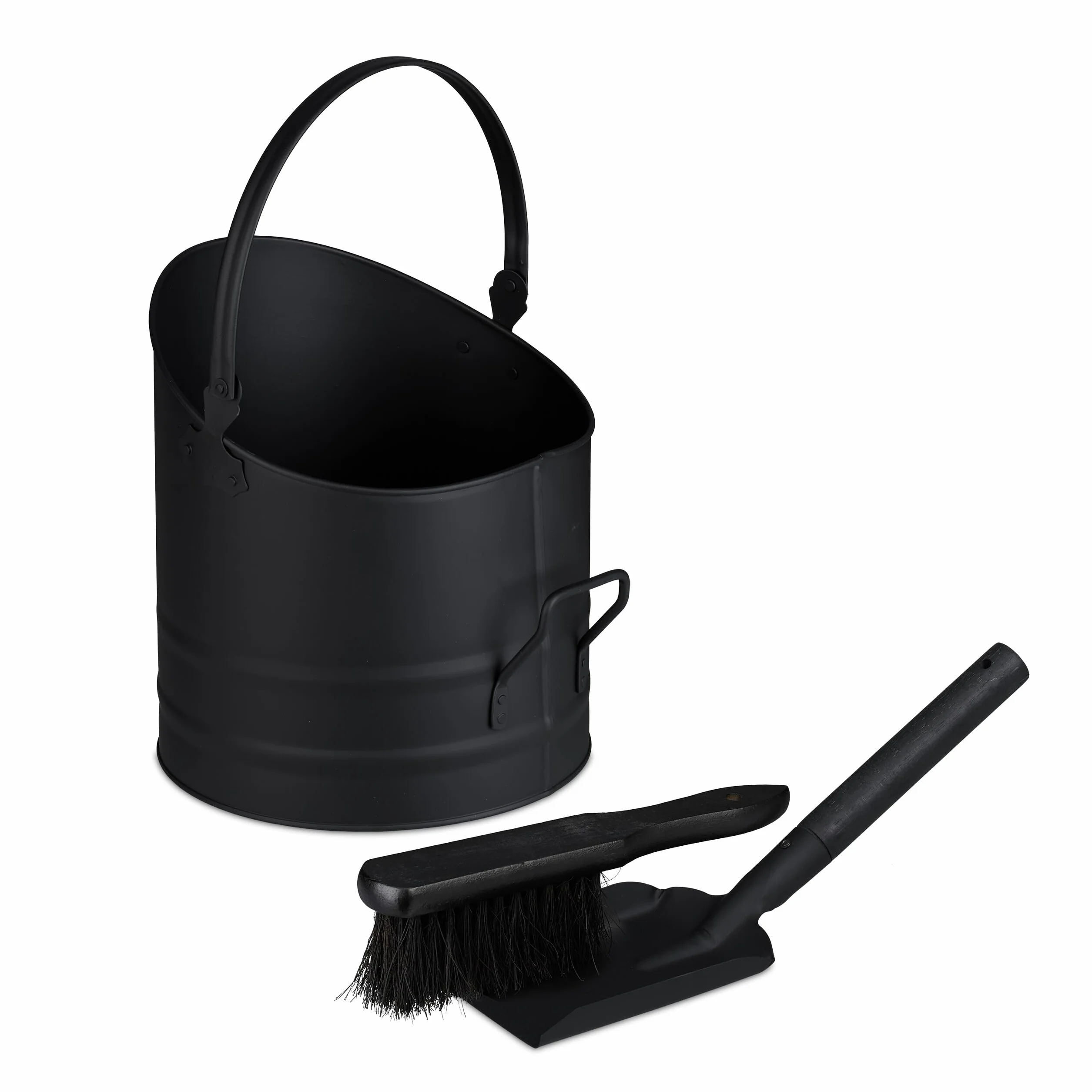 Relaxdays Secchio Raccogli Cenere e Legna da Ardere, Cestello 9,5 L con Scopa e Paletta da Camino, Cestino Ferro, Nero