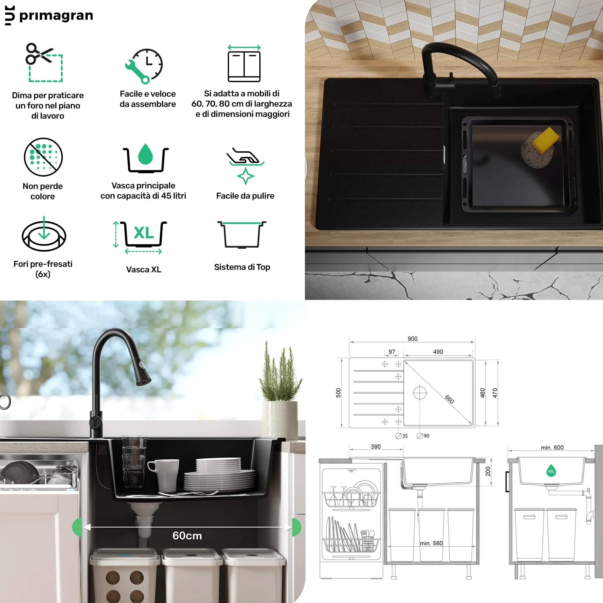 PRIMAGRAN Lavandino da Cucina Tutto Nero 90x50cm, Lavello in Granito a 1 vasca + Rubinetto 40x20cm + Set di accessori, Lavabo da Cucina Incasso al Mobile 60cm - Copenhagen Top S734