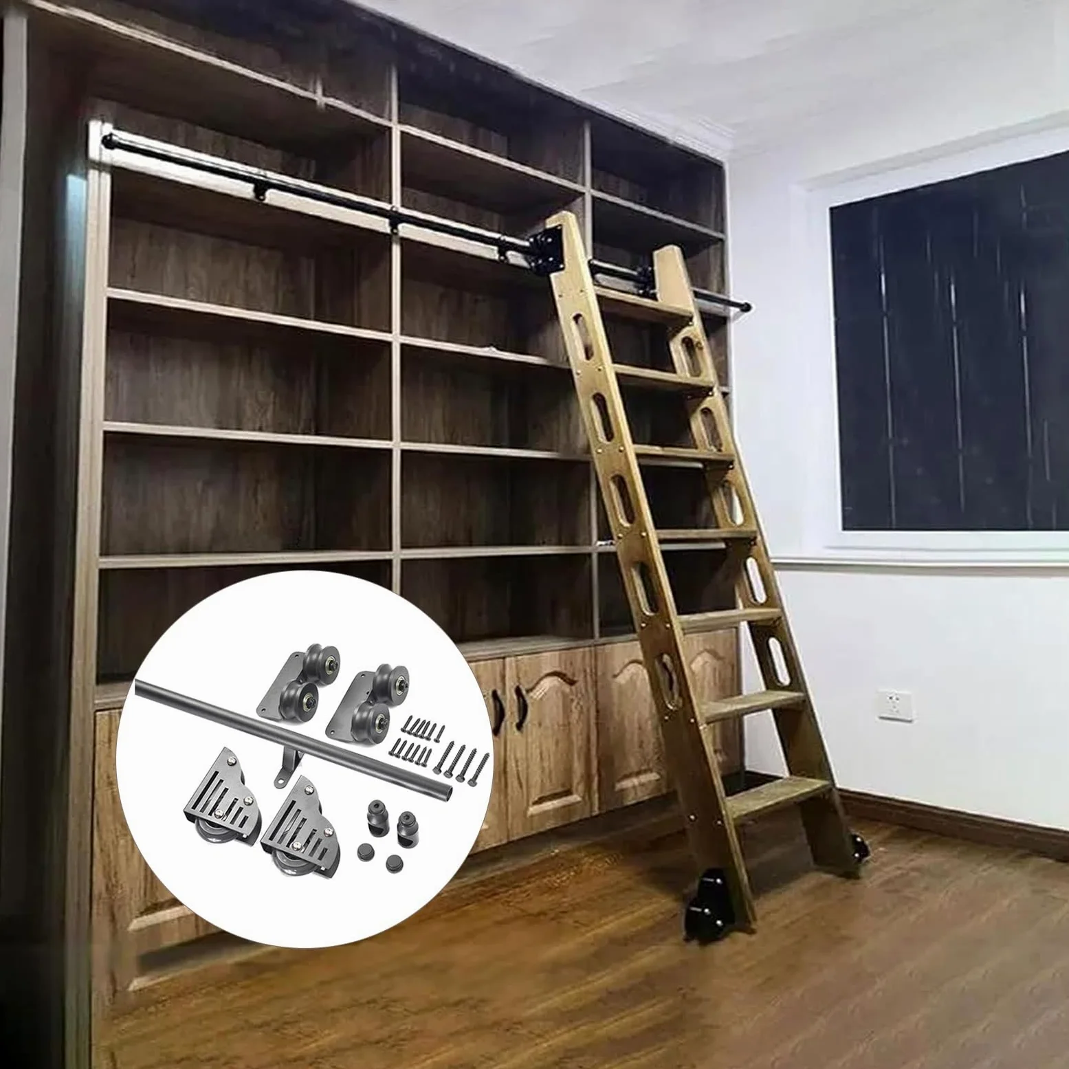 Libreria con scale scorrevoli Set completo Binario scorrevole con hardware (senza scala) Kit binario con scala mobile a tubo tondo, Binario di estensione scorrevole - Rullo da pavimento con freno ( Si