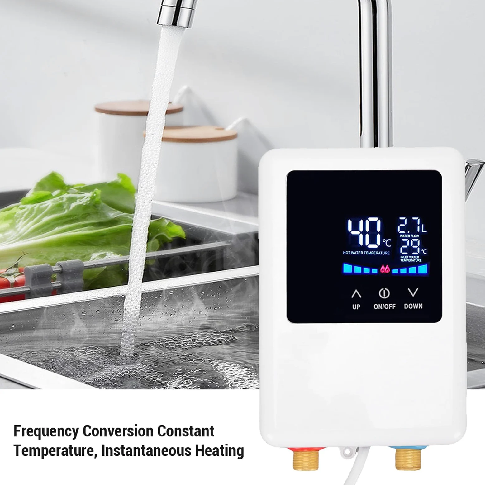 Scallo Idrico Senza Serbatoio, Scaldabagno Istantaneo Elettrico 3000W con Schermo LCD, Sotto la Parete del Lavandino, Riscaldatori Termostati di Conversione di Frequenza per (EU)